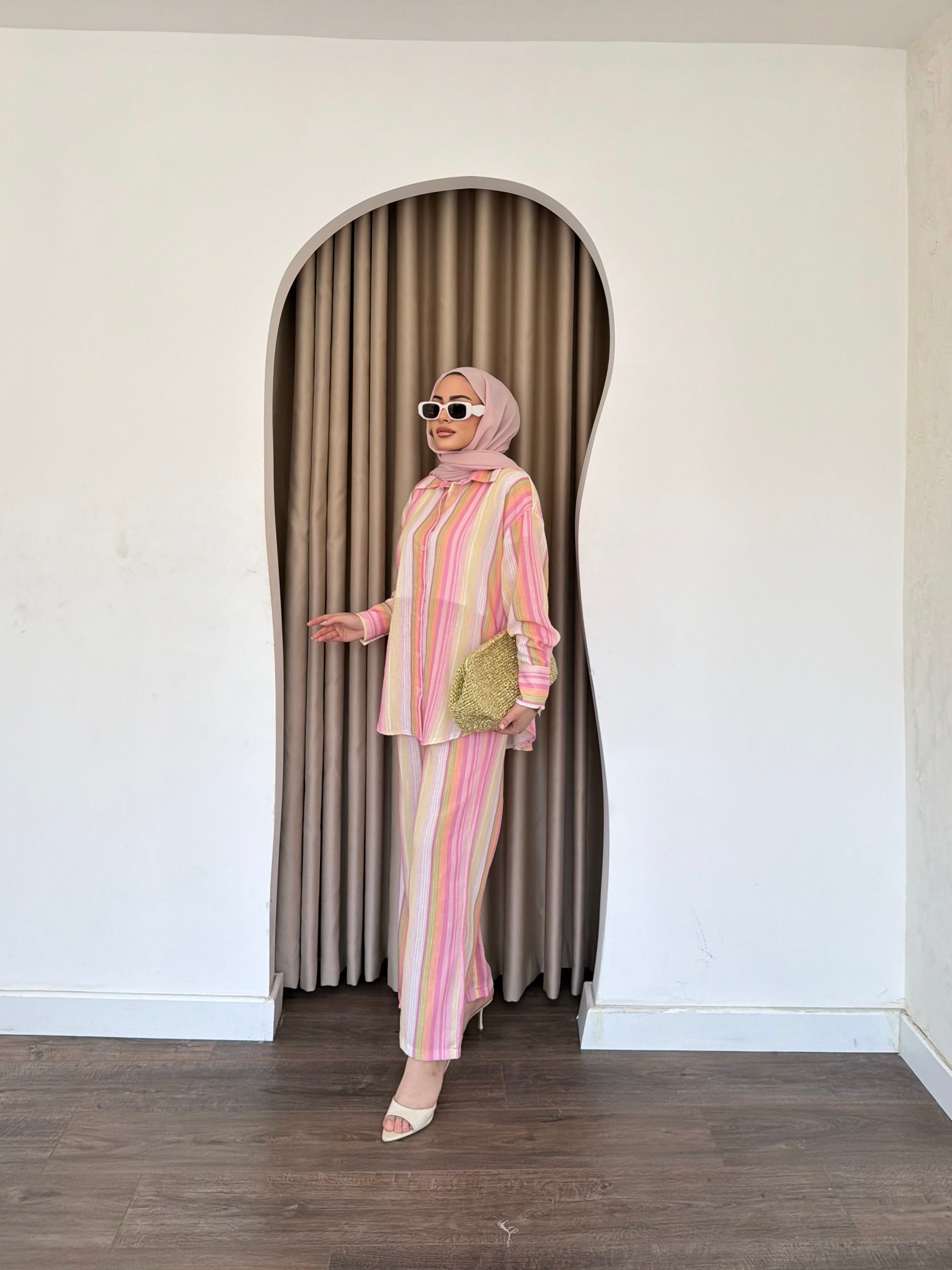 Ala Renkli Keten Takım - Pembe