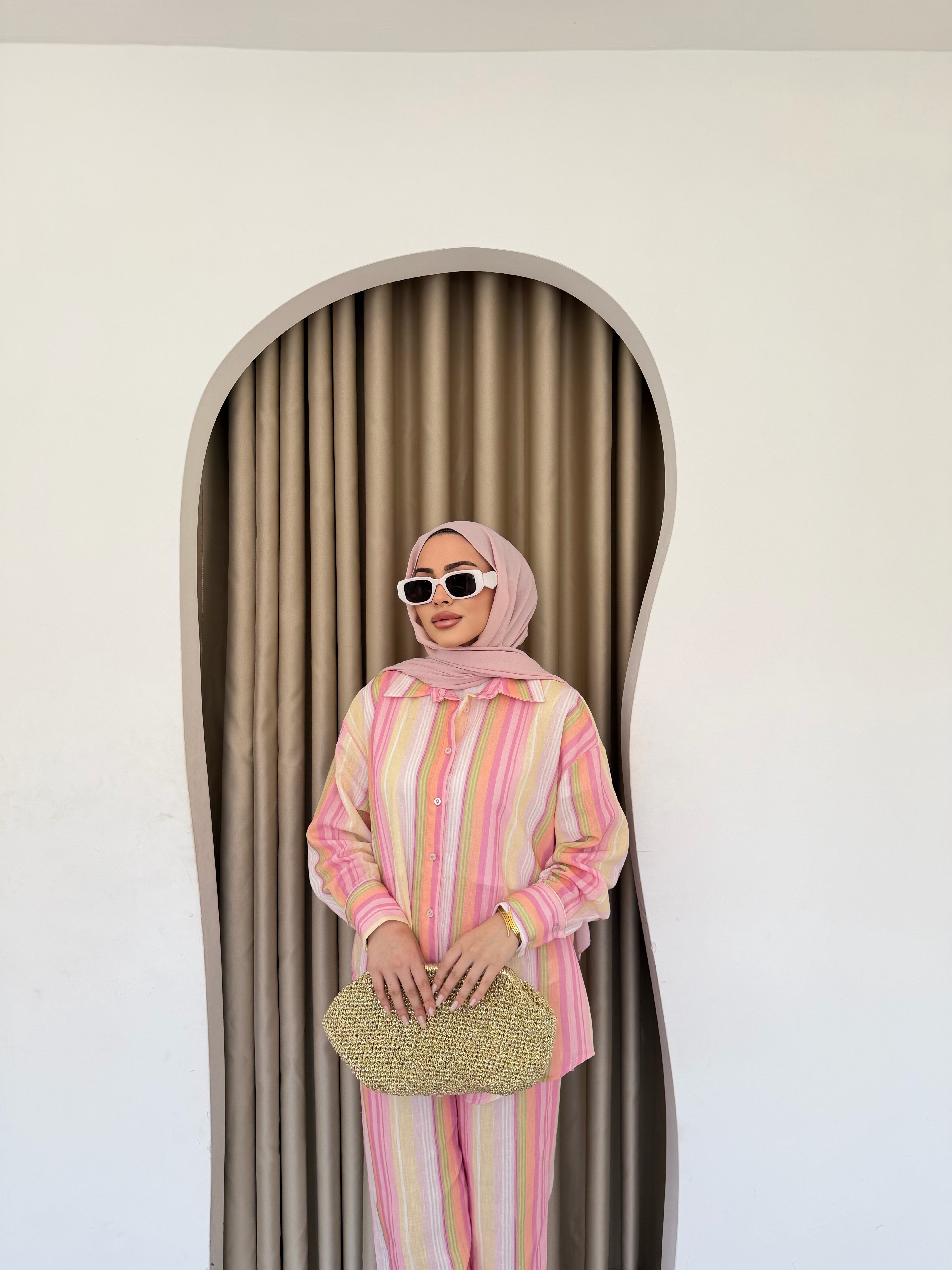 Ala Renkli Keten Takım - Pembe