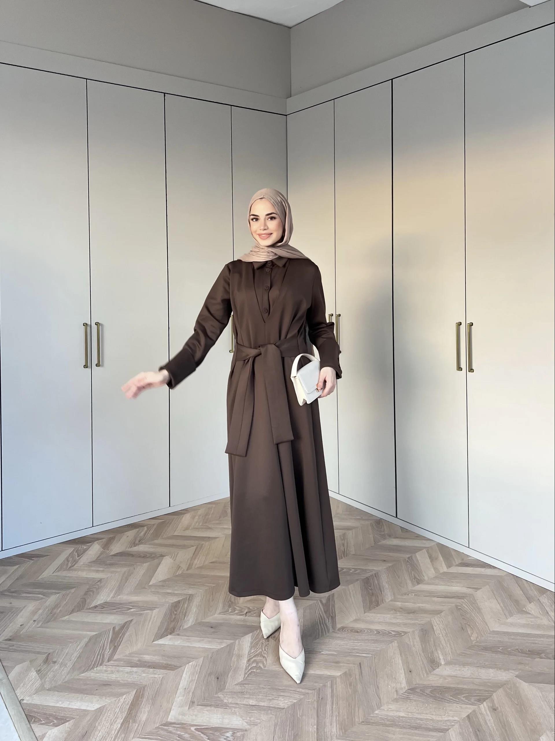 Alev Düğmeli Elbise -Kahve