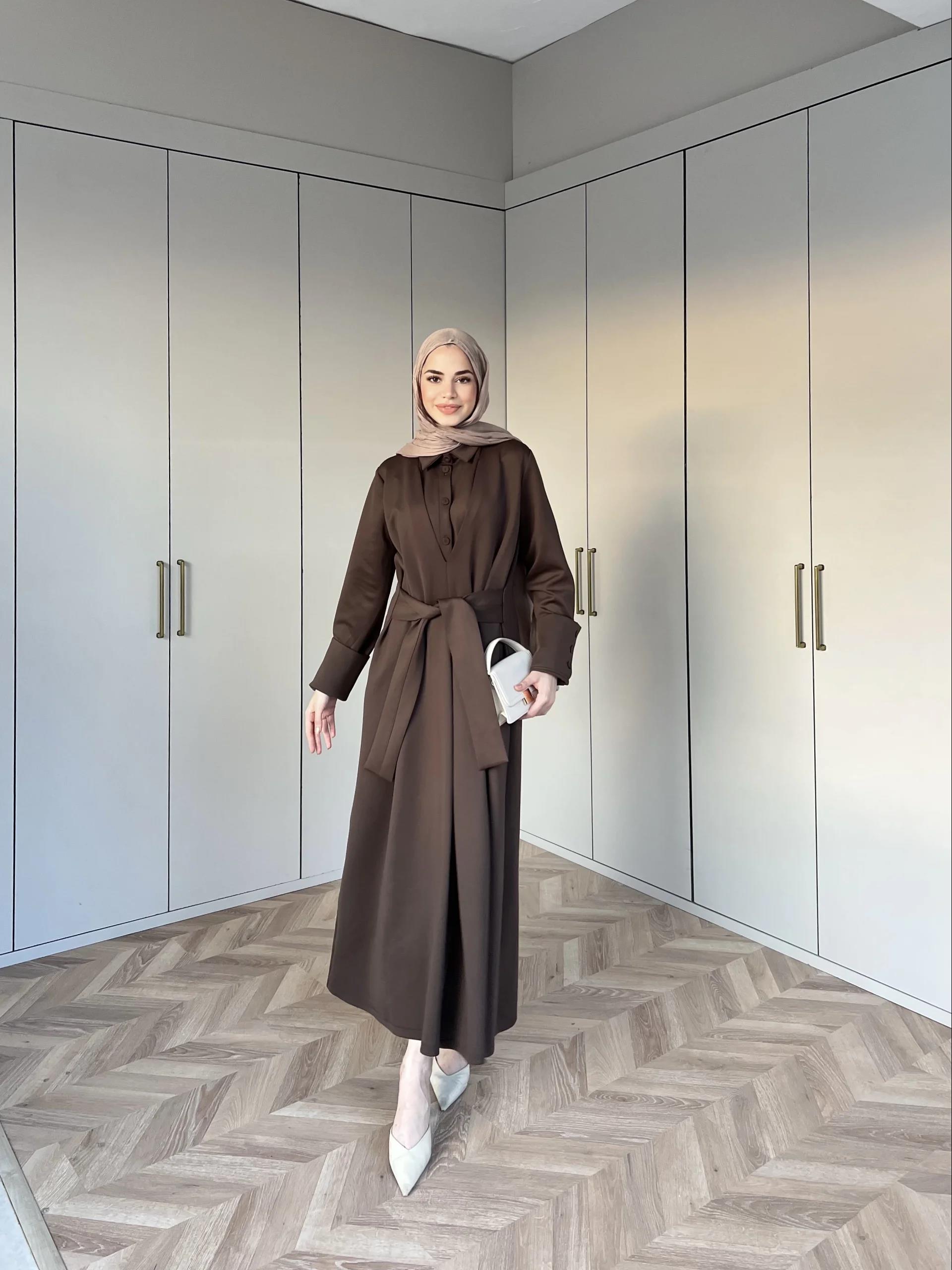 Alev Düğmeli Elbise -Kahve