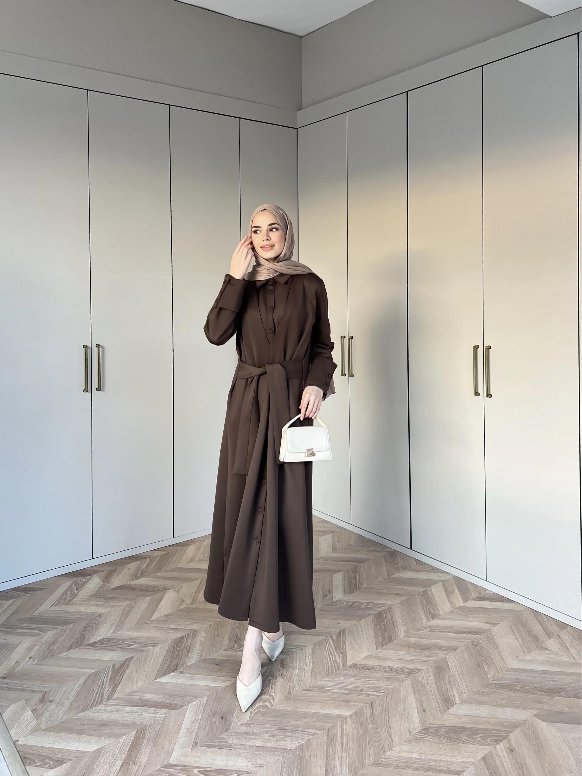 Alev Düğmeli Elbise -Kahve