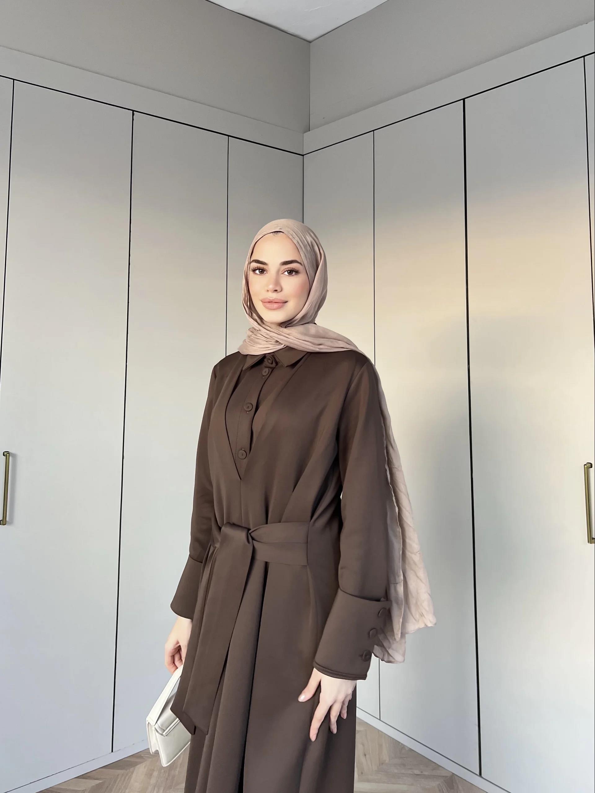 Alev Düğmeli Elbise -Kahve