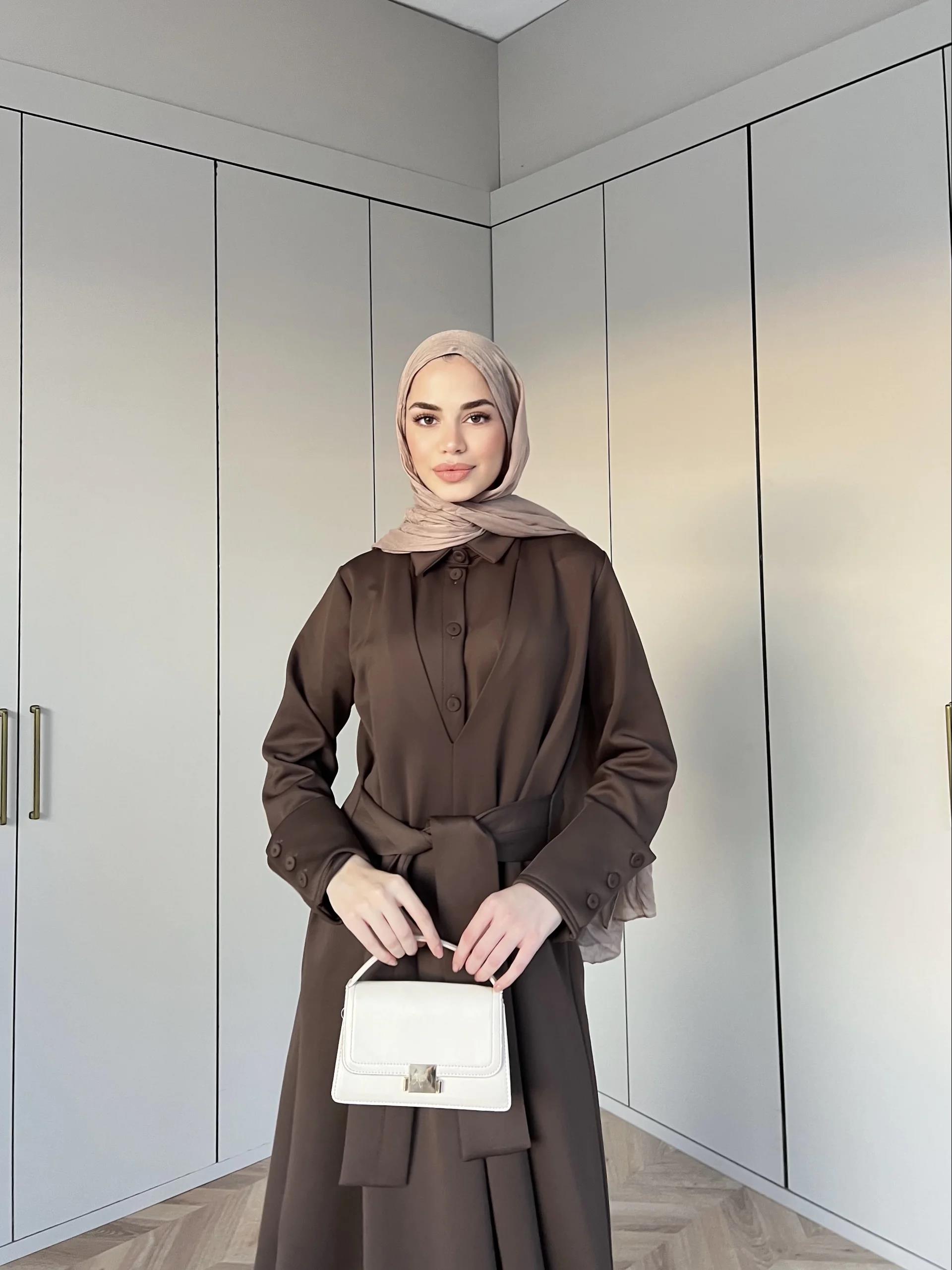 Alev Düğmeli Elbise -Kahve