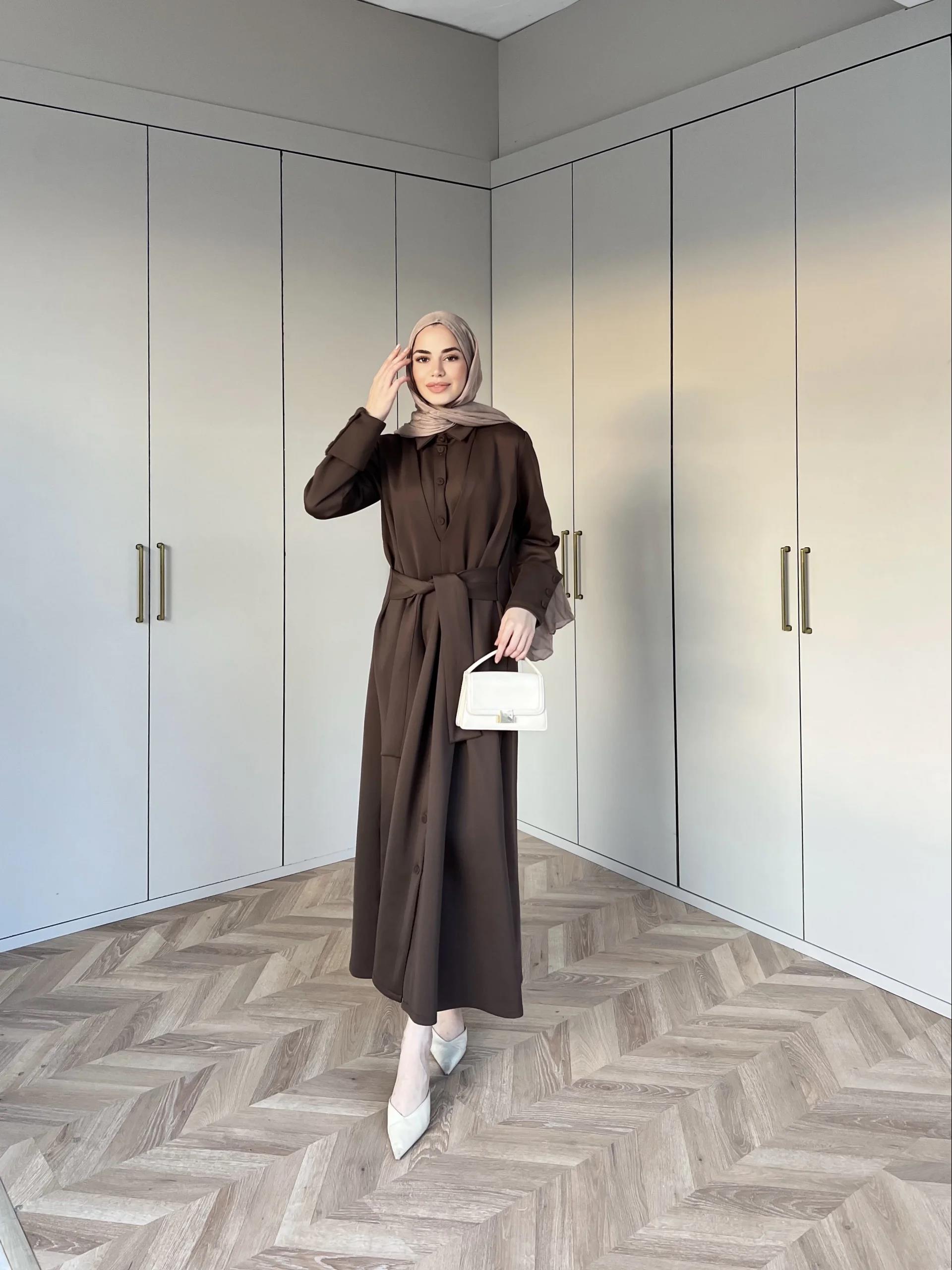 Alev Düğmeli Elbise -Kahve