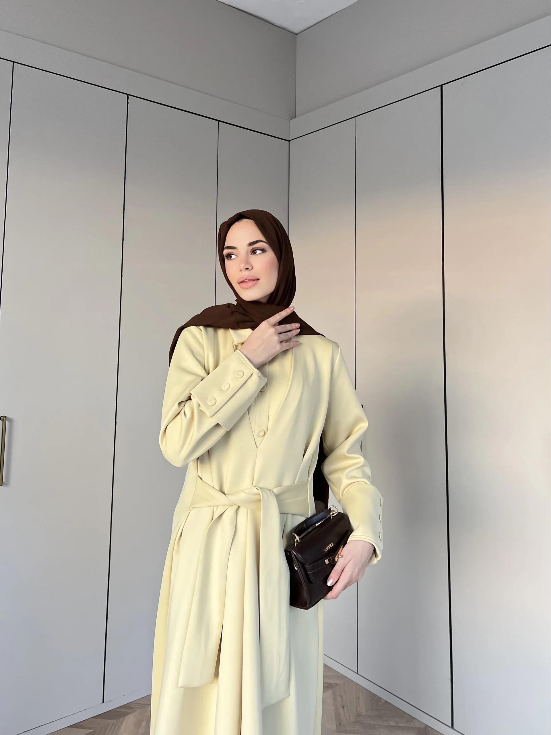 Alev Düğmeli Elbise -Sarı