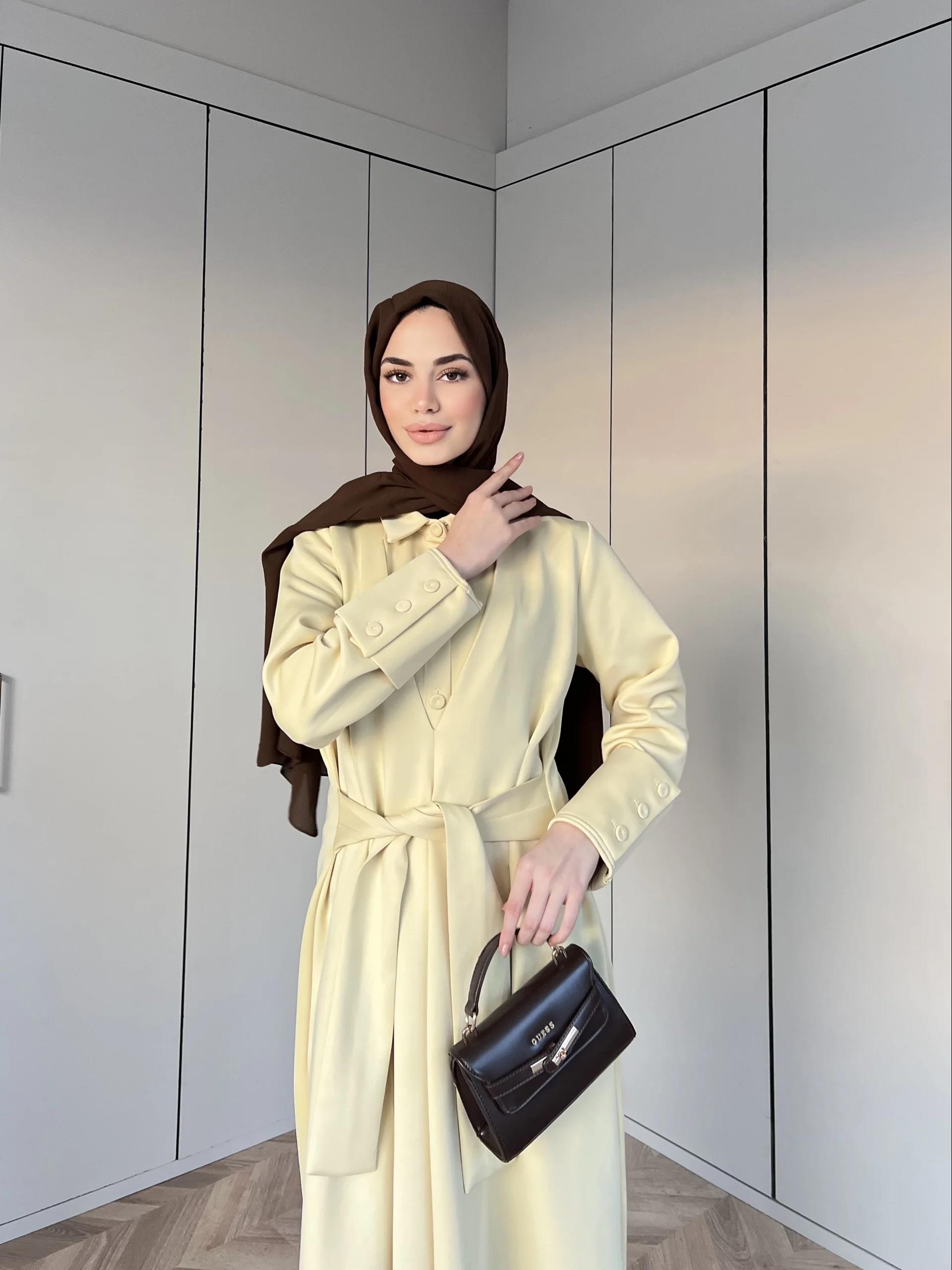 Alev Düğmeli Elbise -Sarı