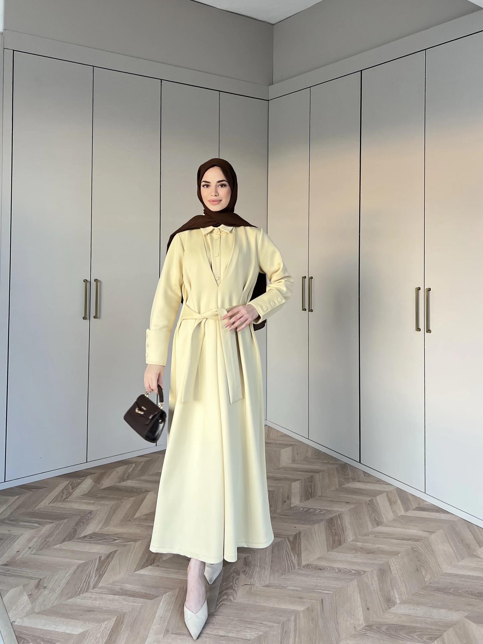 Alev Düğmeli Elbise -Sarı