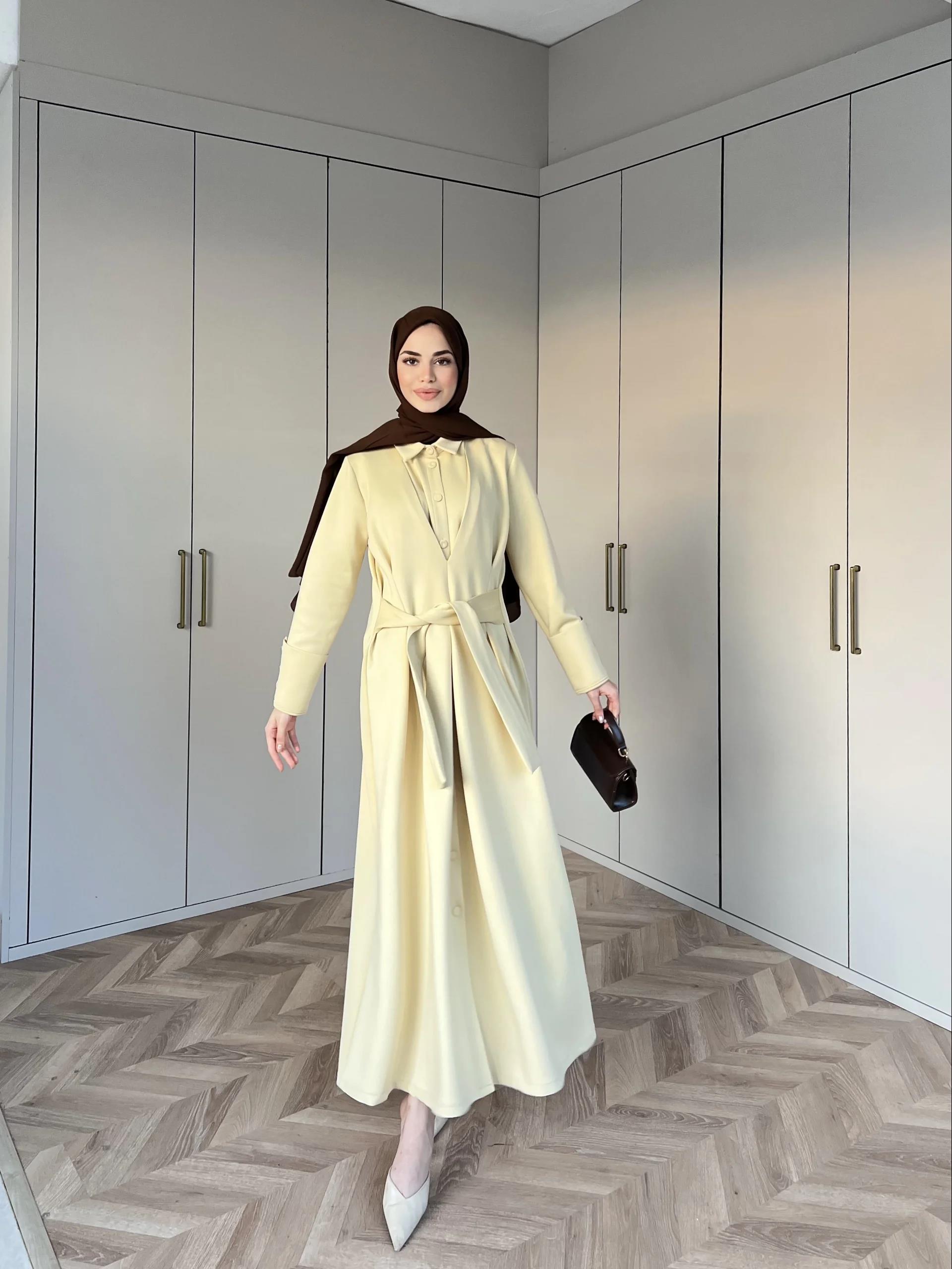 Alev Düğmeli Elbise -Sarı