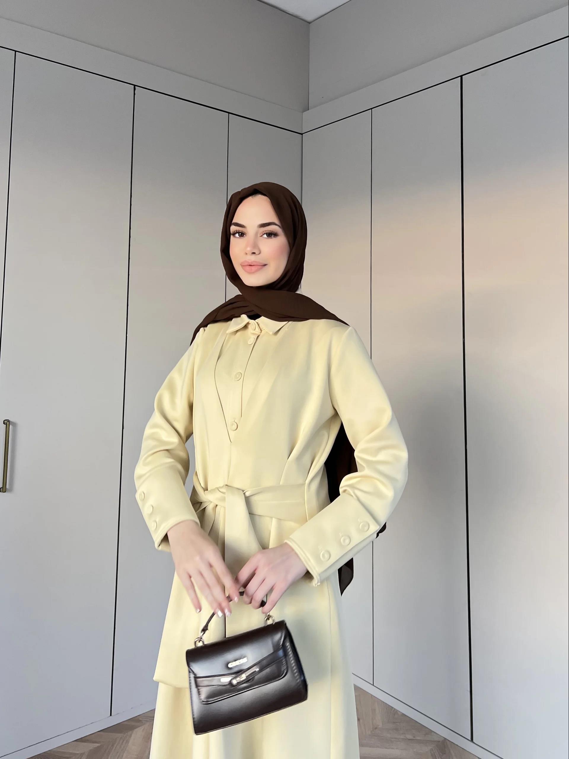 Alev Düğmeli Elbise -Sarı