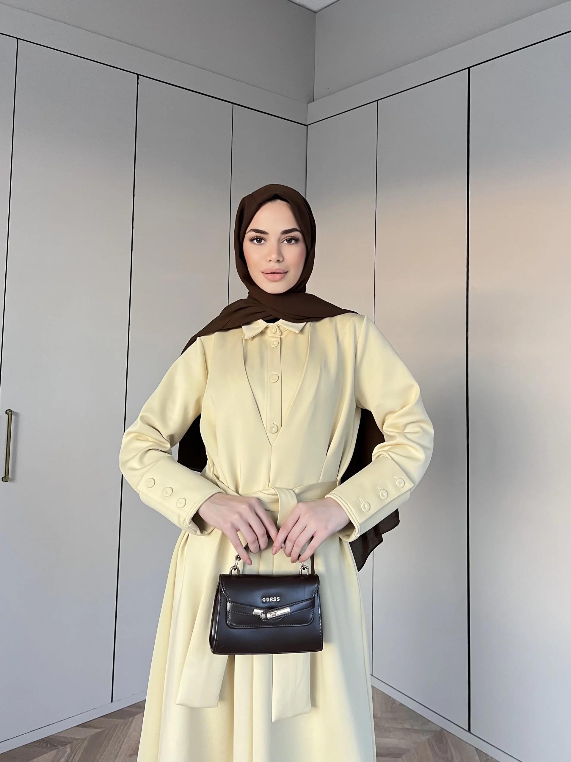 Alev Düğmeli Elbise -Sarı