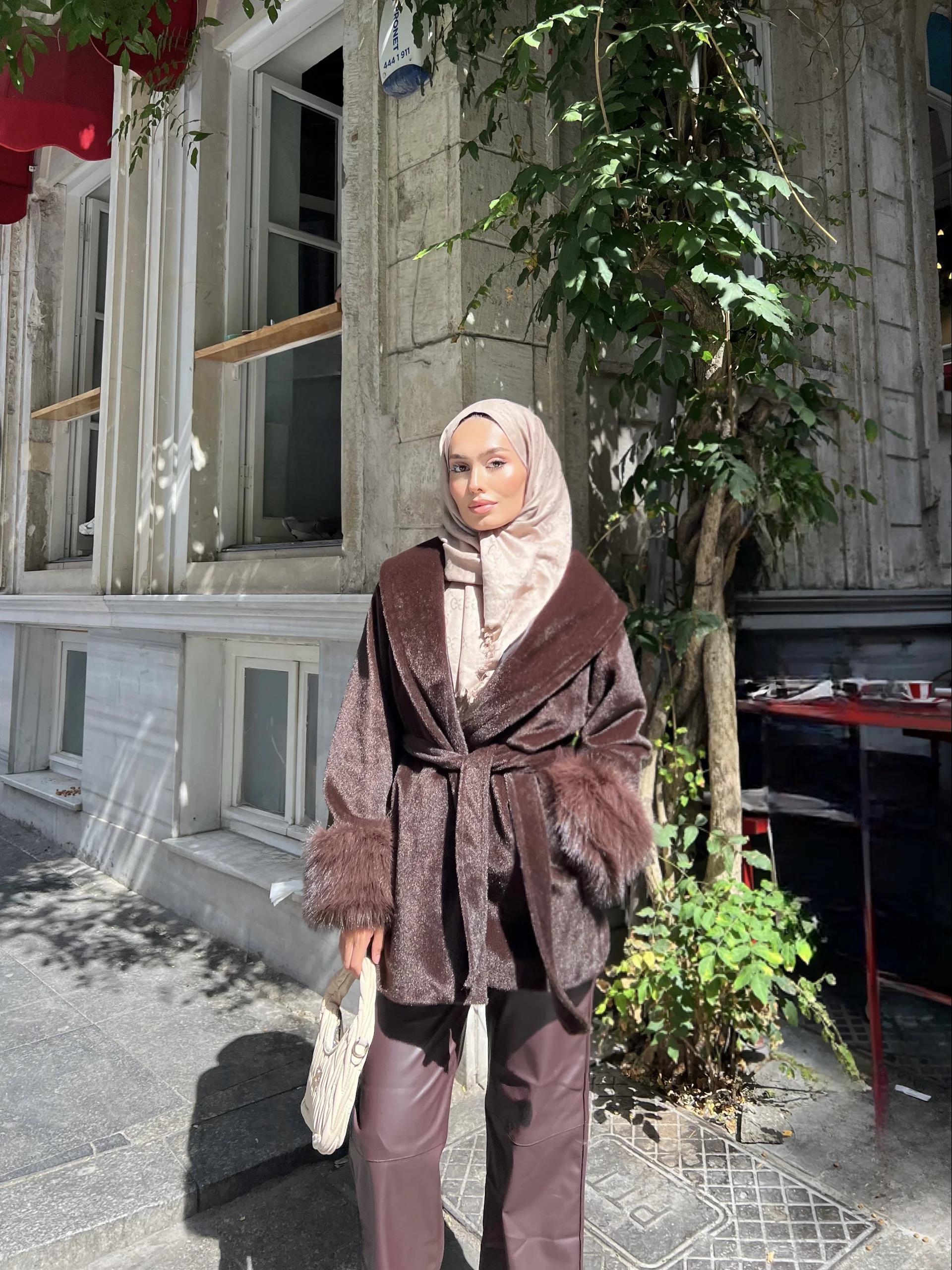 Allo kolları Kürk Detaylı Mont - Kahve