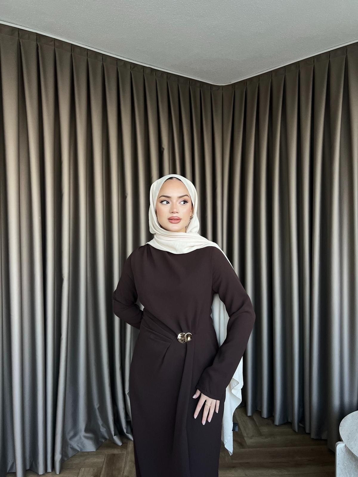 Asil Yan Detay Elbise - Acı Kahve