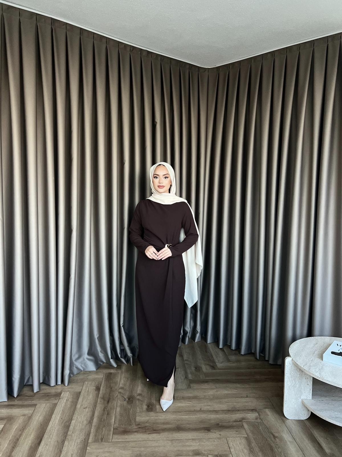 Asil Yan Detay Elbise - Acı Kahve