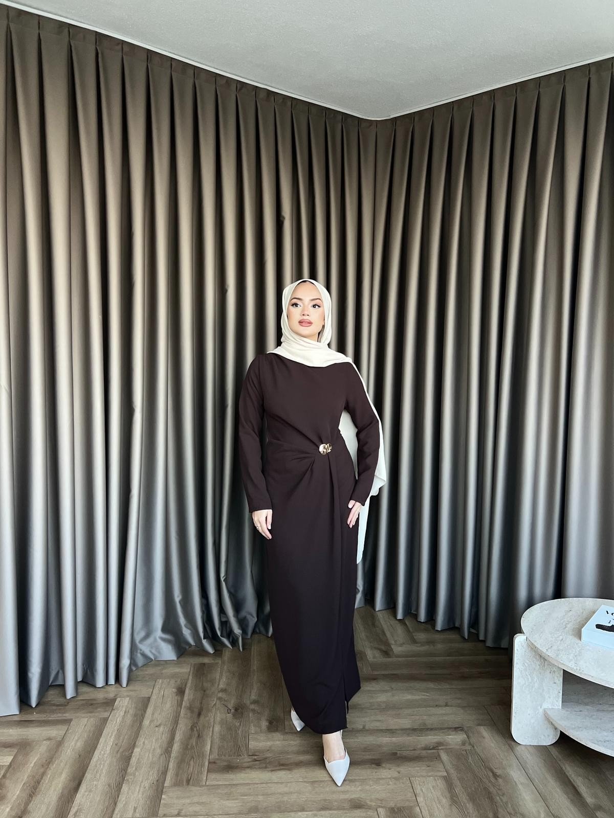 Asil Yan Detay Elbise - Acı Kahve