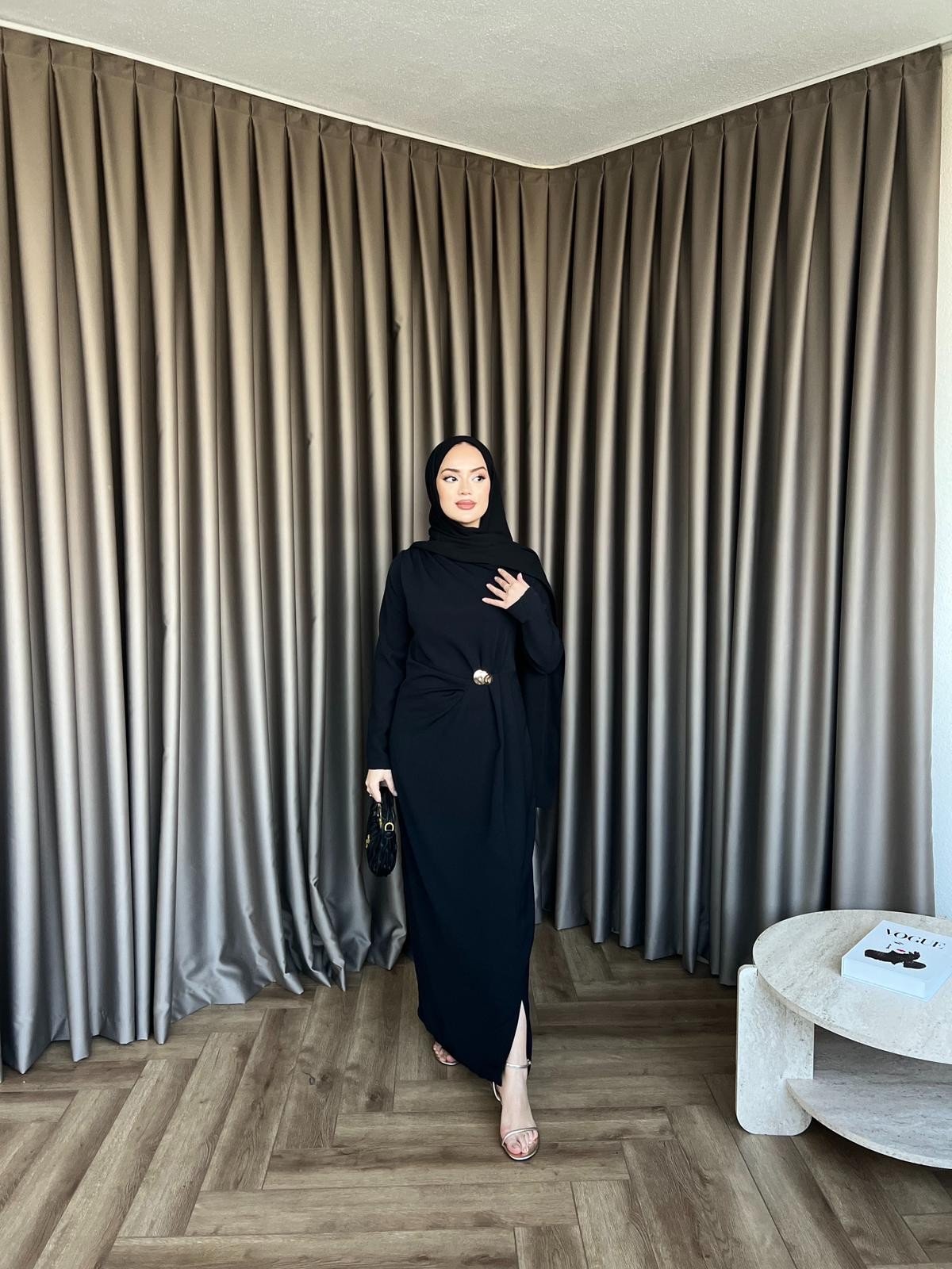 Asil Yan Detay Elbise - Siyah