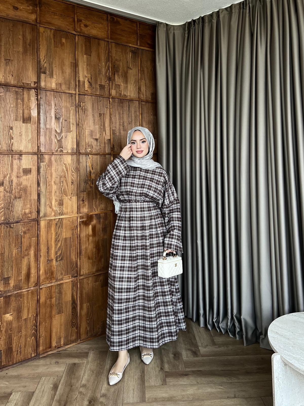 Bağlamalı Ekose Elbise - Kahve