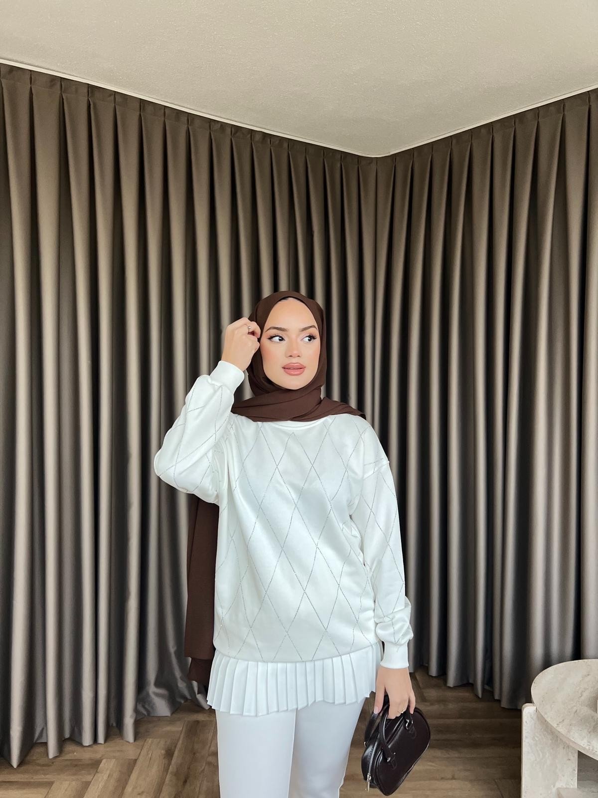 Baklava Desenli Taşlı Sweat - Beyaz