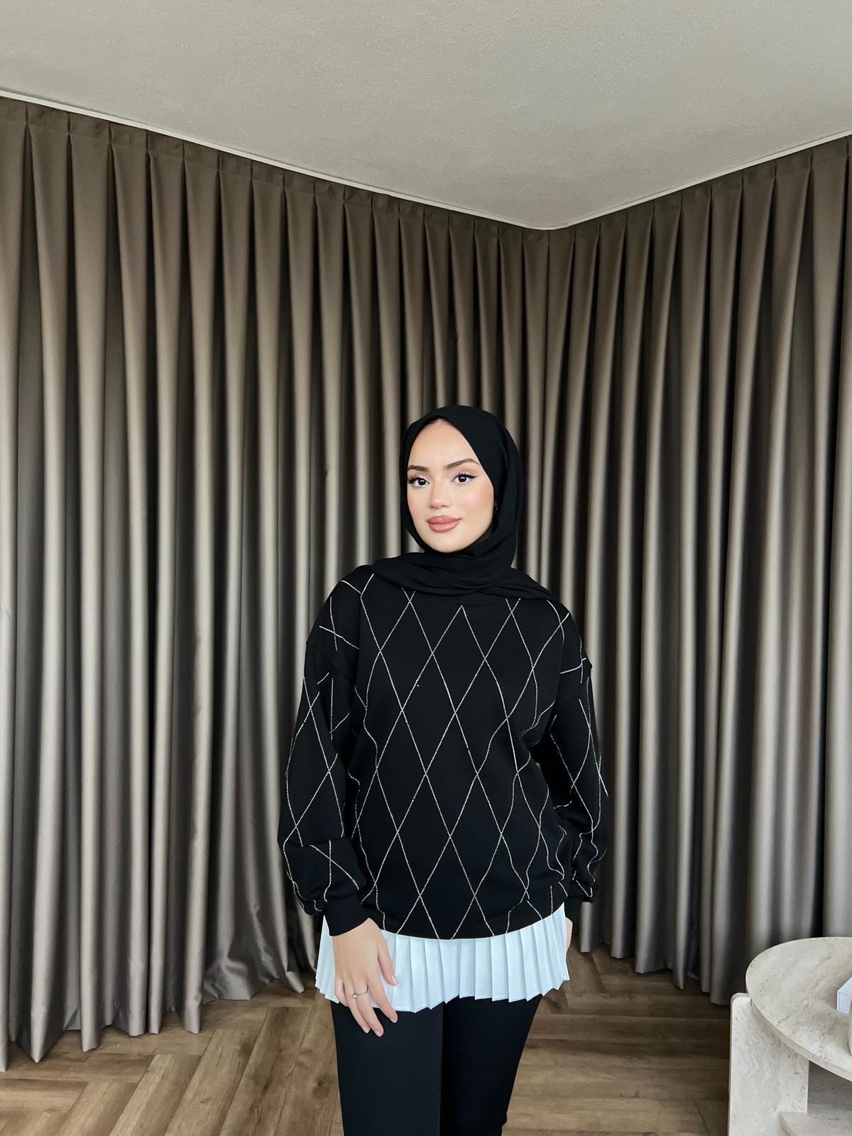 Baklava Desenli Taşlı Sweat - Siyah