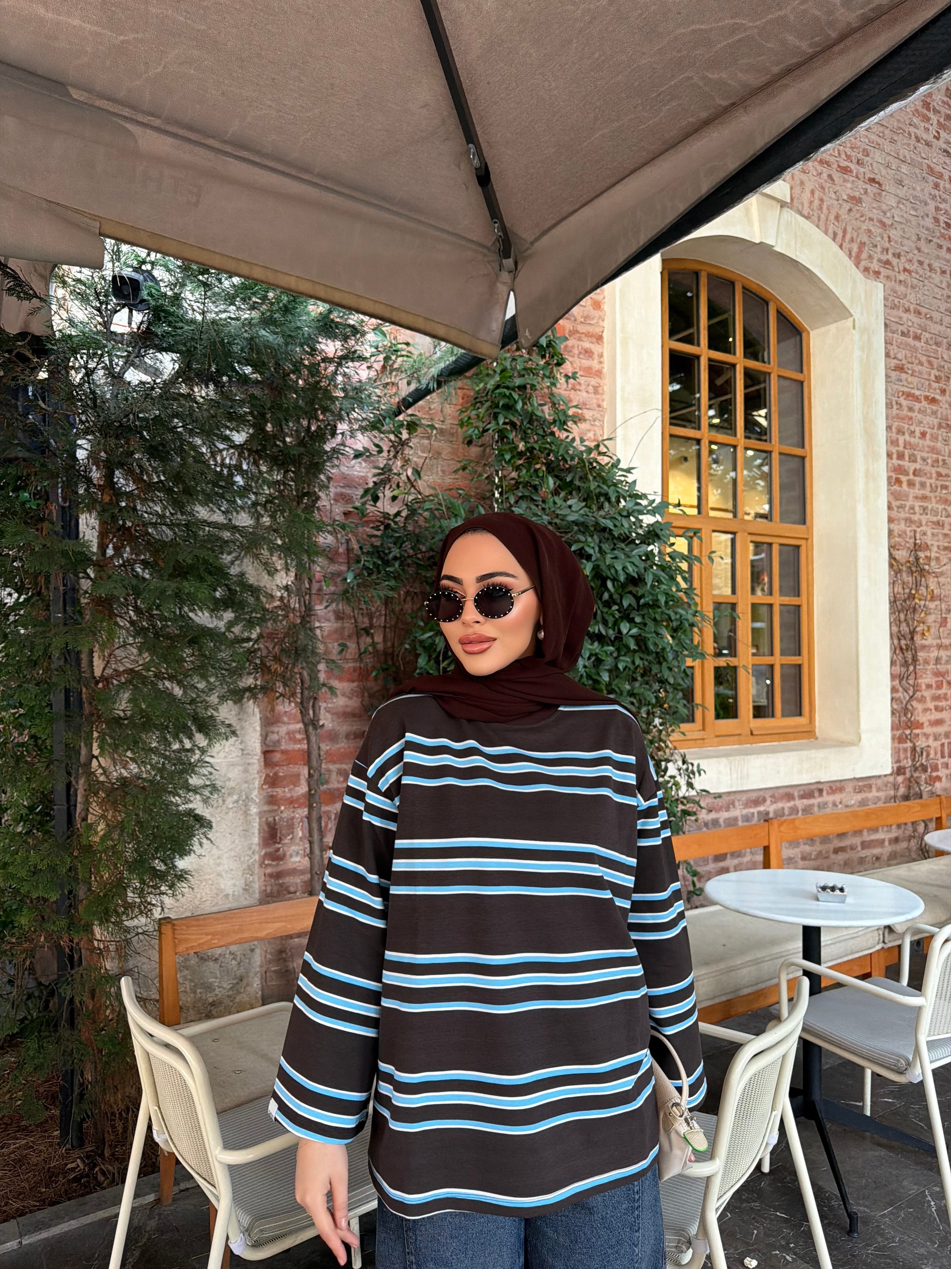 Bella Çizgili Sweat - Kahve Mavi   (ÖN SİPARİŞ)