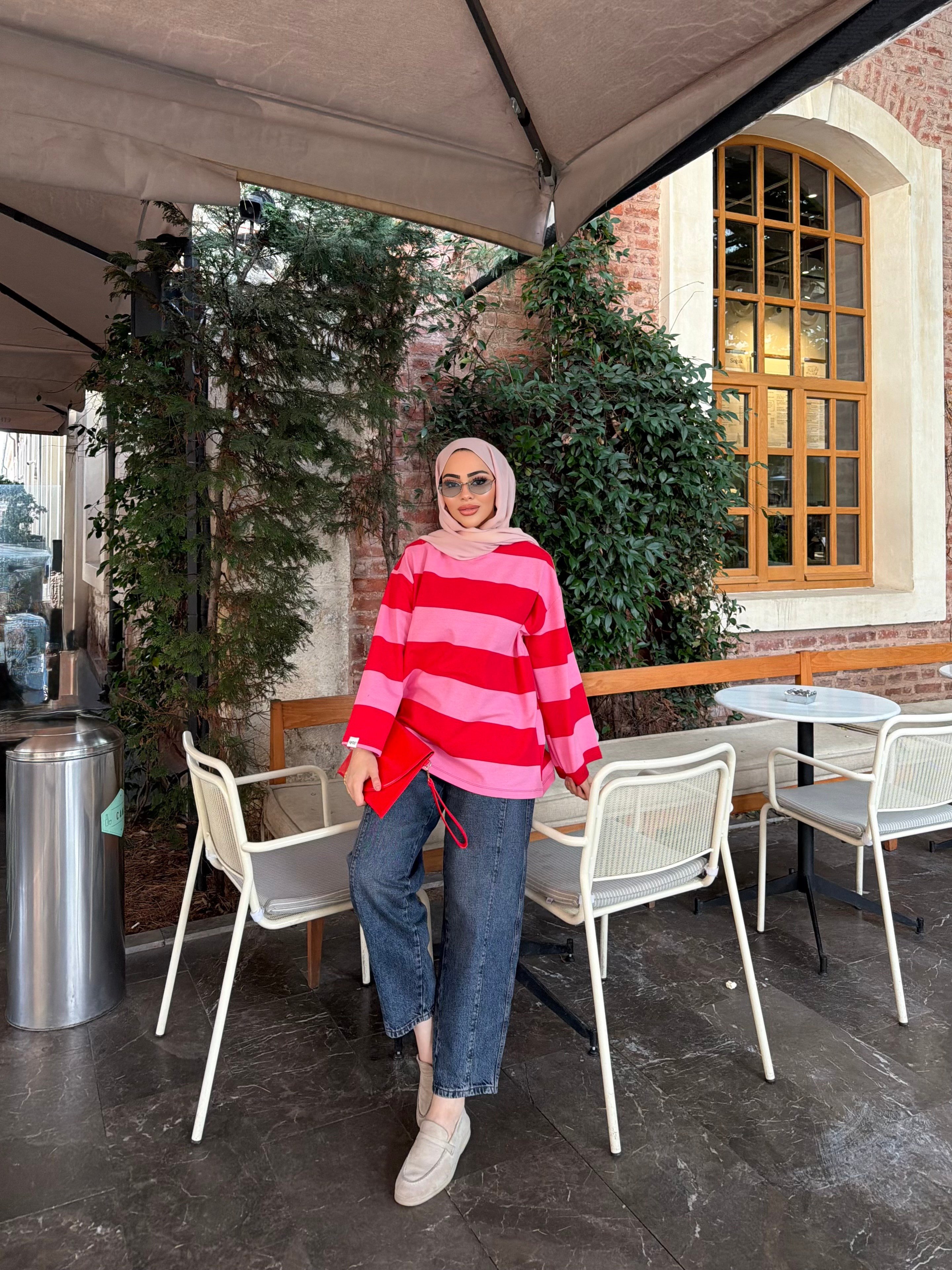 Bella Çizgili Sweat - Kırmızı Pembe(ÖN SİPARİŞ)