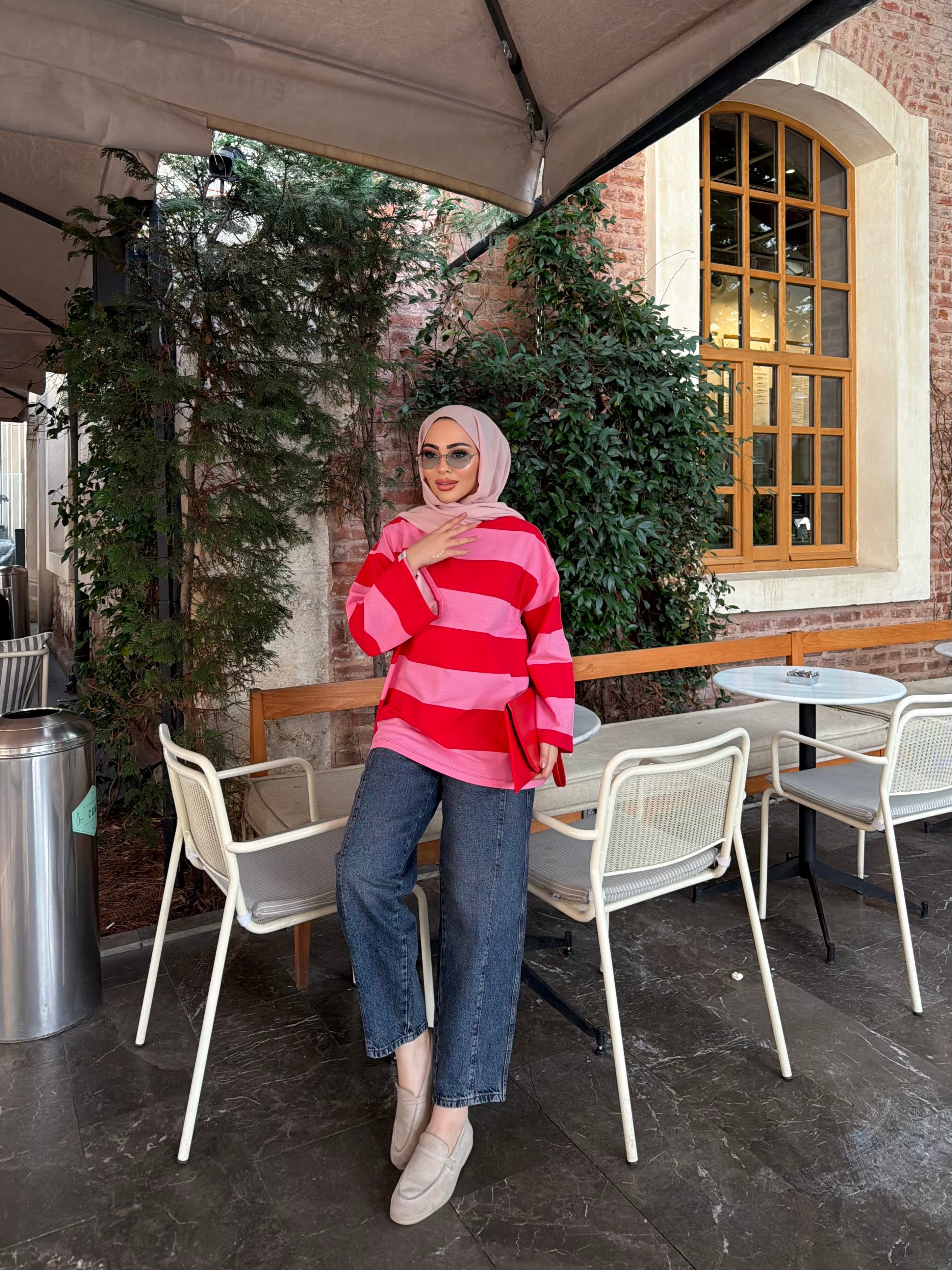 Bella Çizgili Sweat - Kırmızı Pembe(ÖN SİPARİŞ)