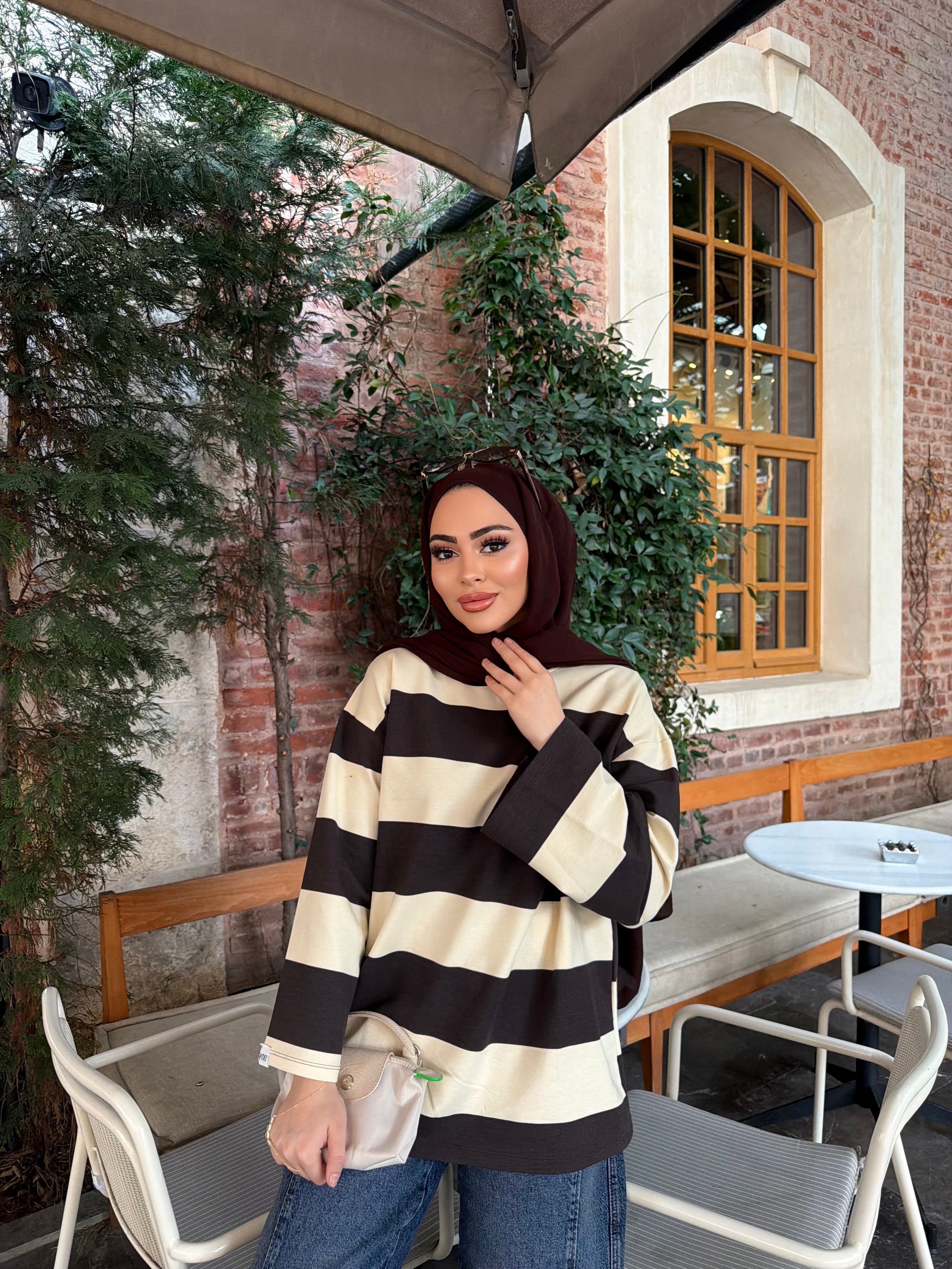 Bella Çizgili Sweat - Vizon (ÖN SİPARİŞ)