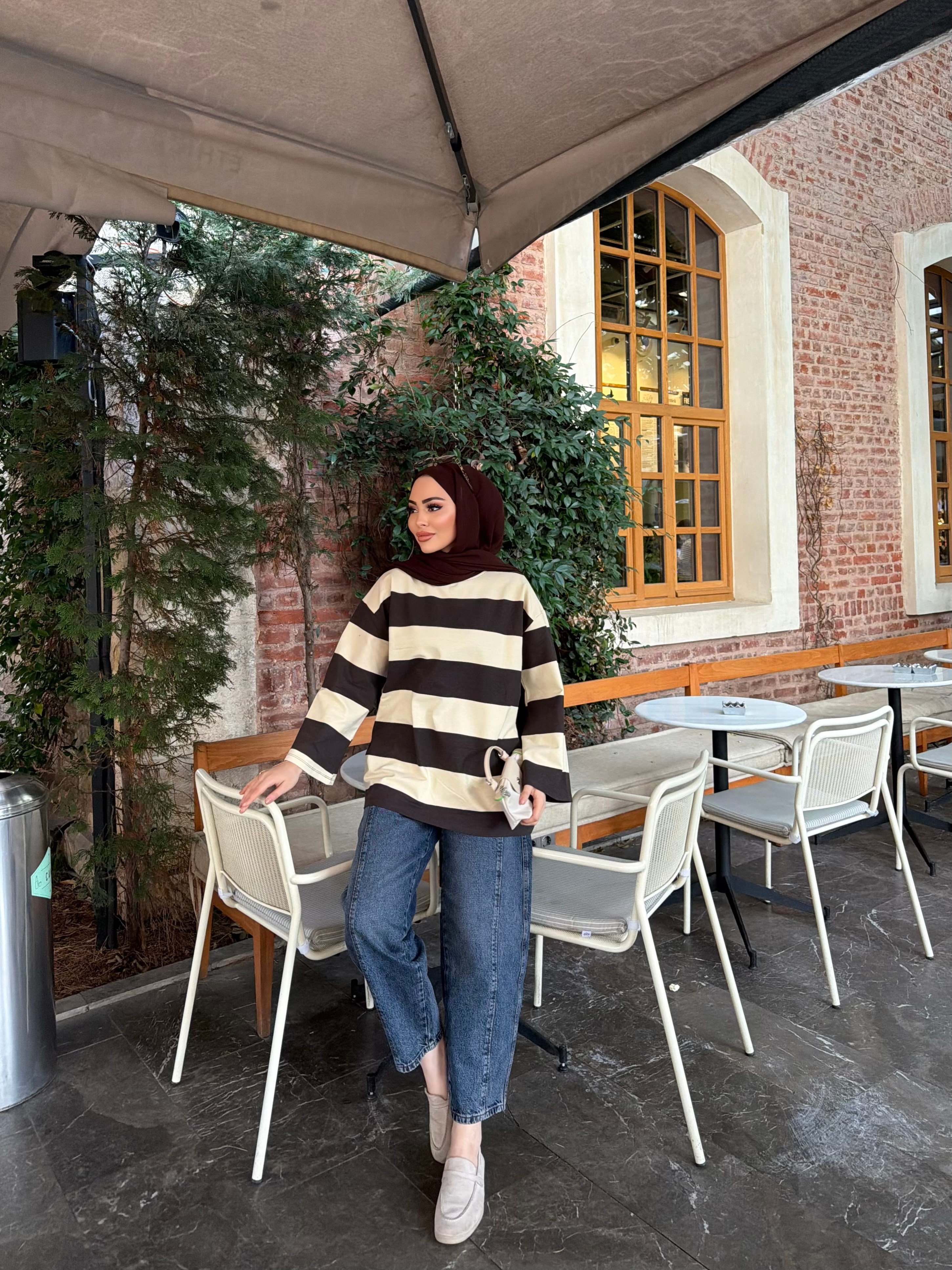 Bella Çizgili Sweat - Vizon (ÖN SİPARİŞ)