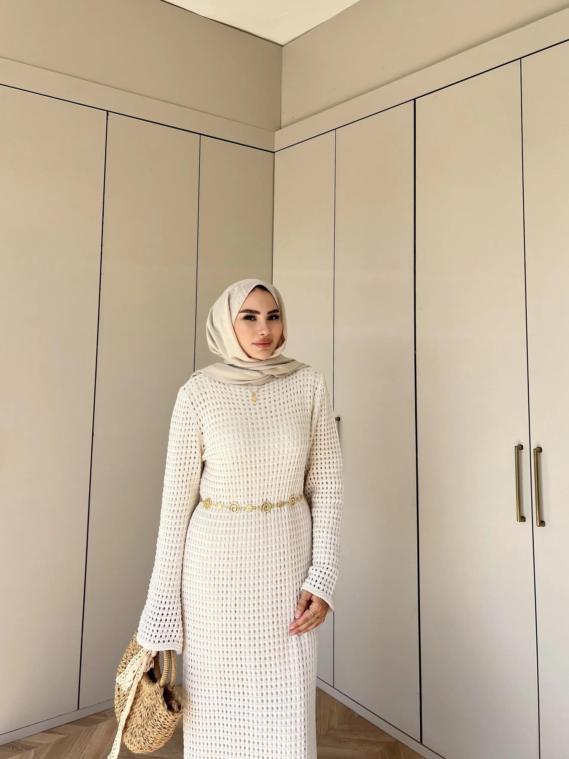 Boncuk Triko Elbise - Krem