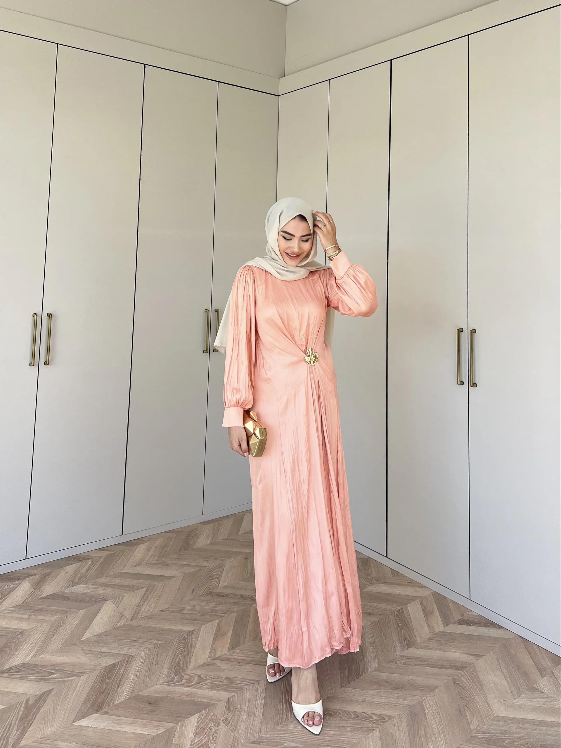 Broşlu Aden Elbise - Somon