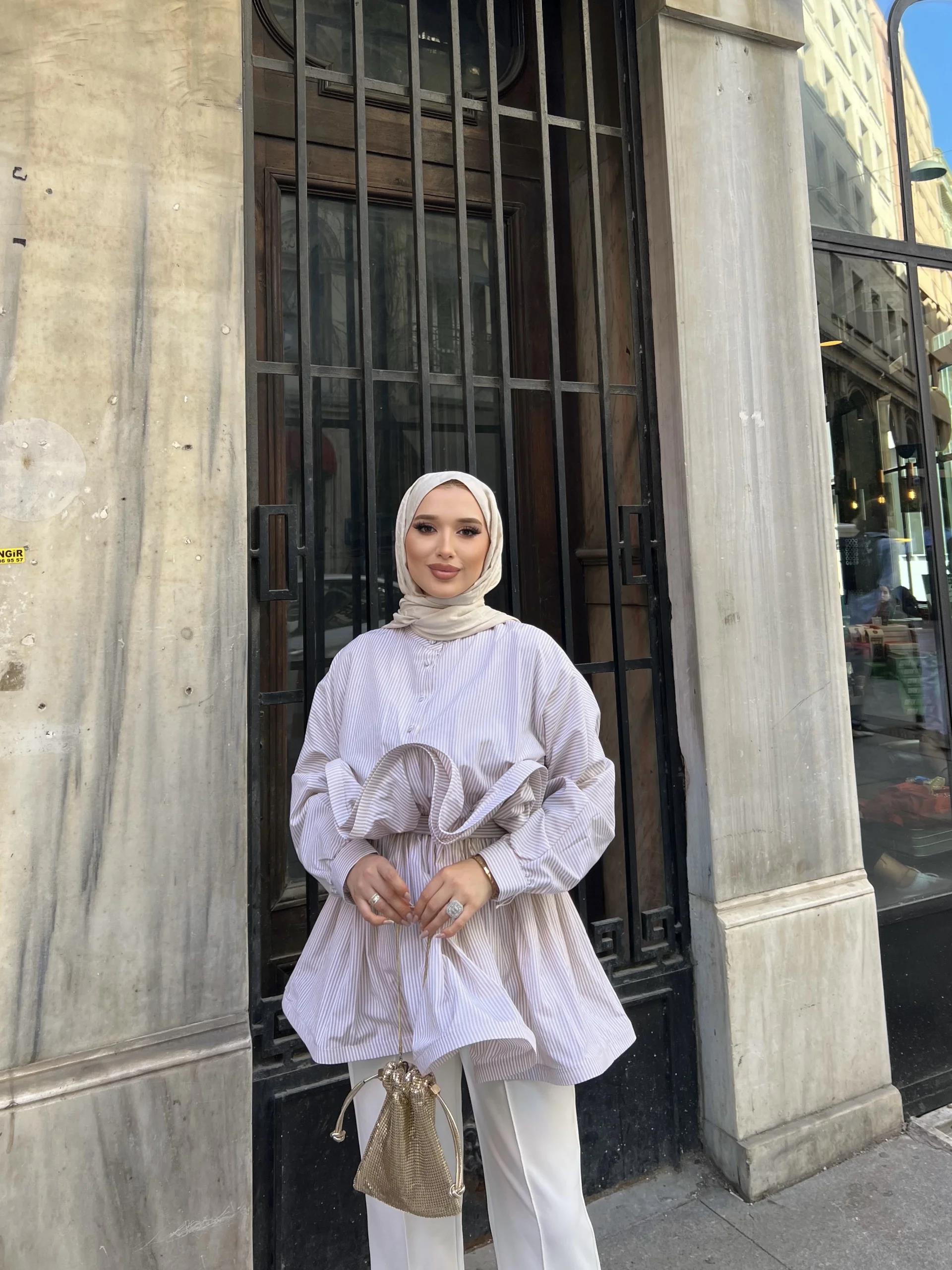 Buqe Çizgili Gömlek -Açık Kahve