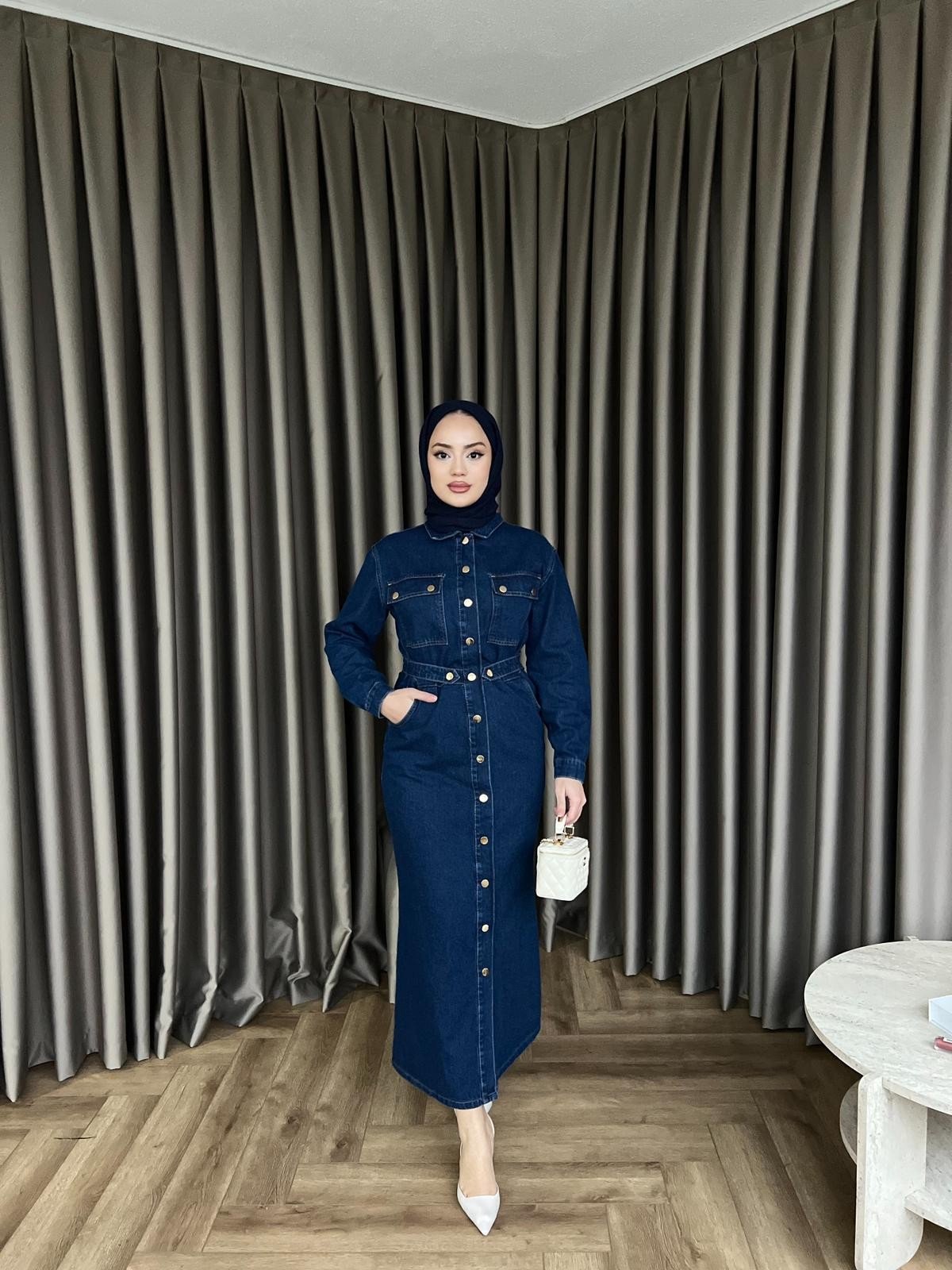 Çiçek Düğmeli Kot Elbise - Koyu Mavi