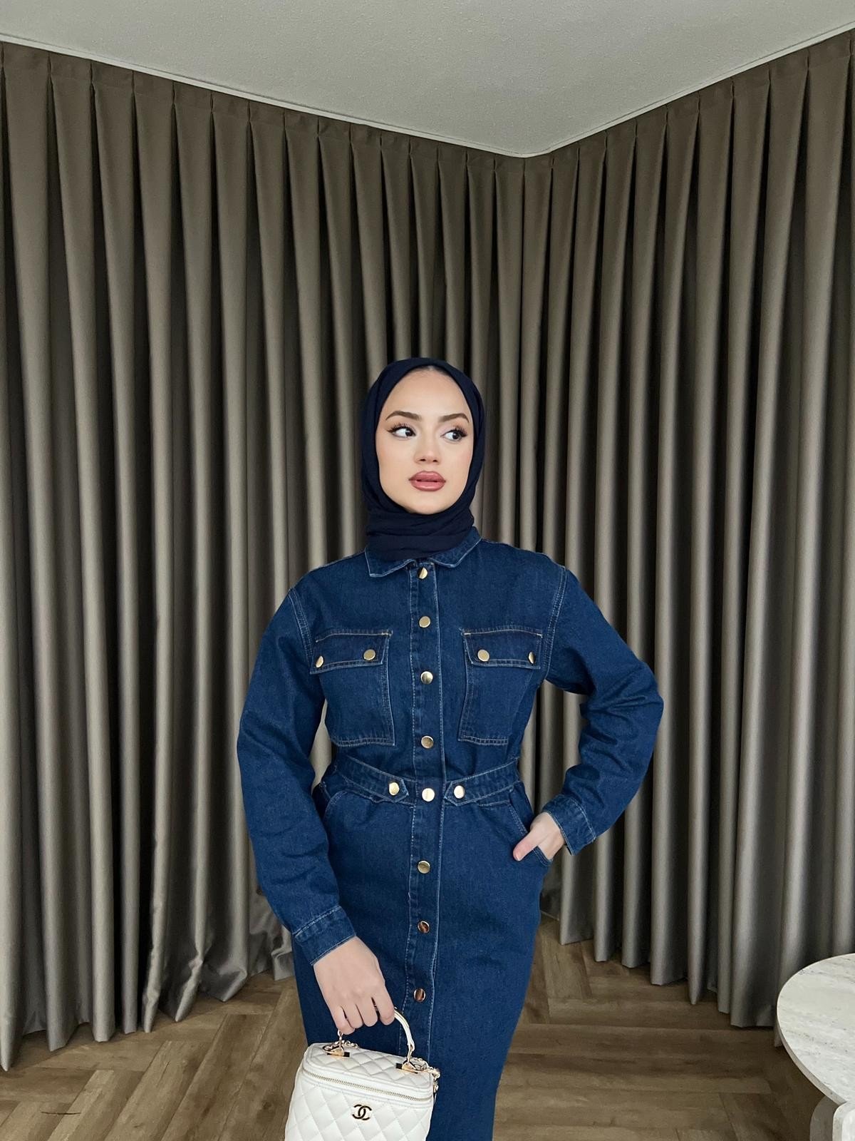 Çiçek Düğmeli Kot Elbise - Koyu Mavi