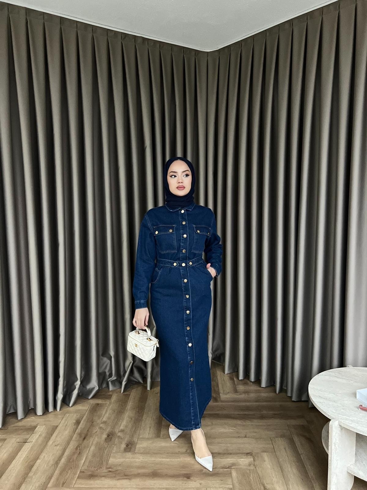 Çiçek Düğmeli Kot Elbise - Koyu Mavi