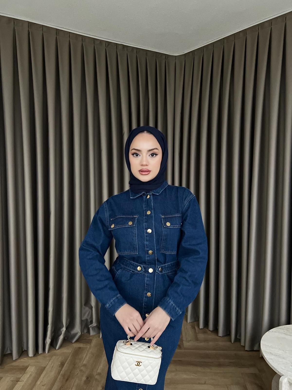 Çiçek Düğmeli Kot Elbise - Koyu Mavi