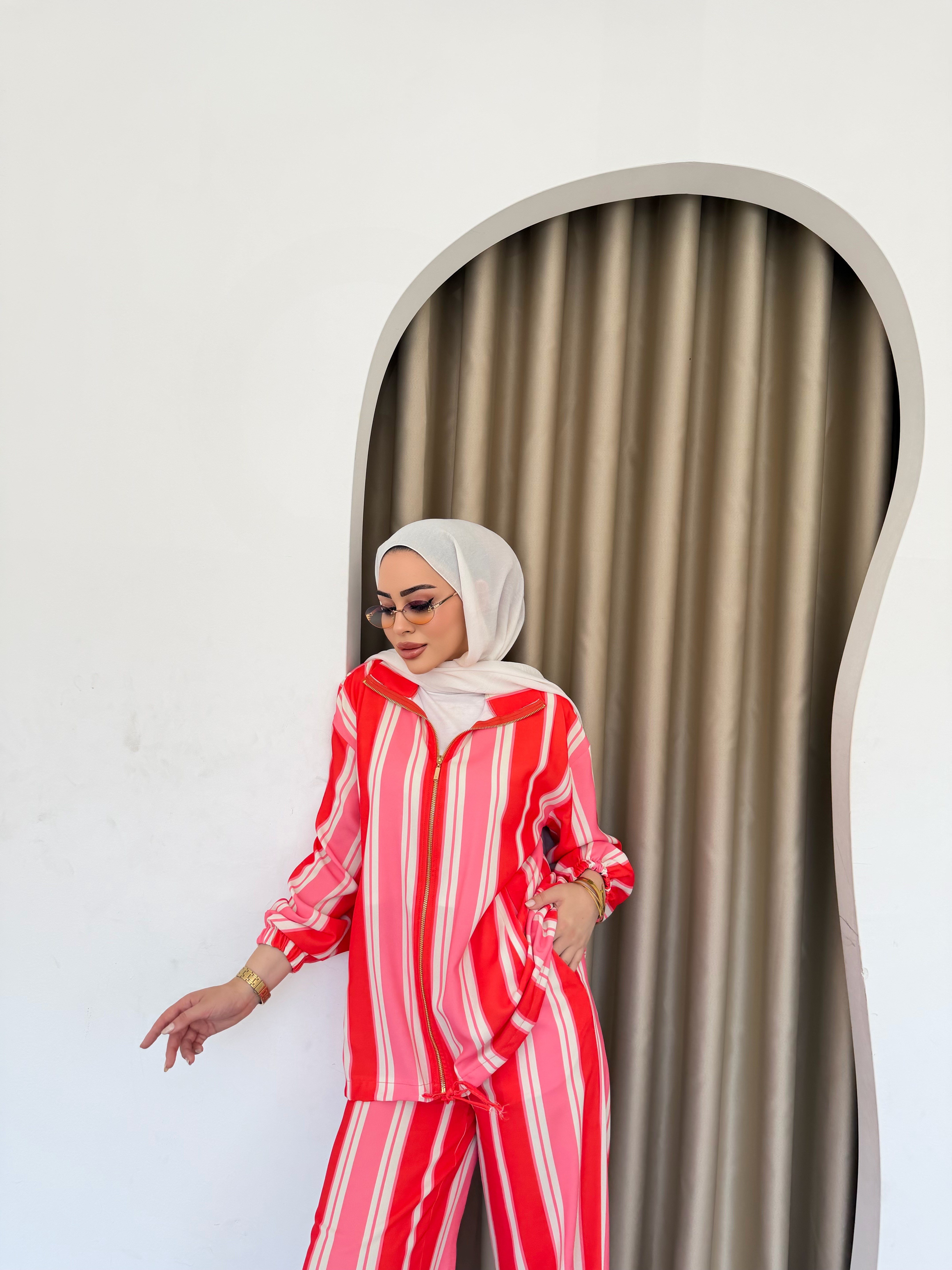 Çizgili Fermuarlı Takım - Oranj