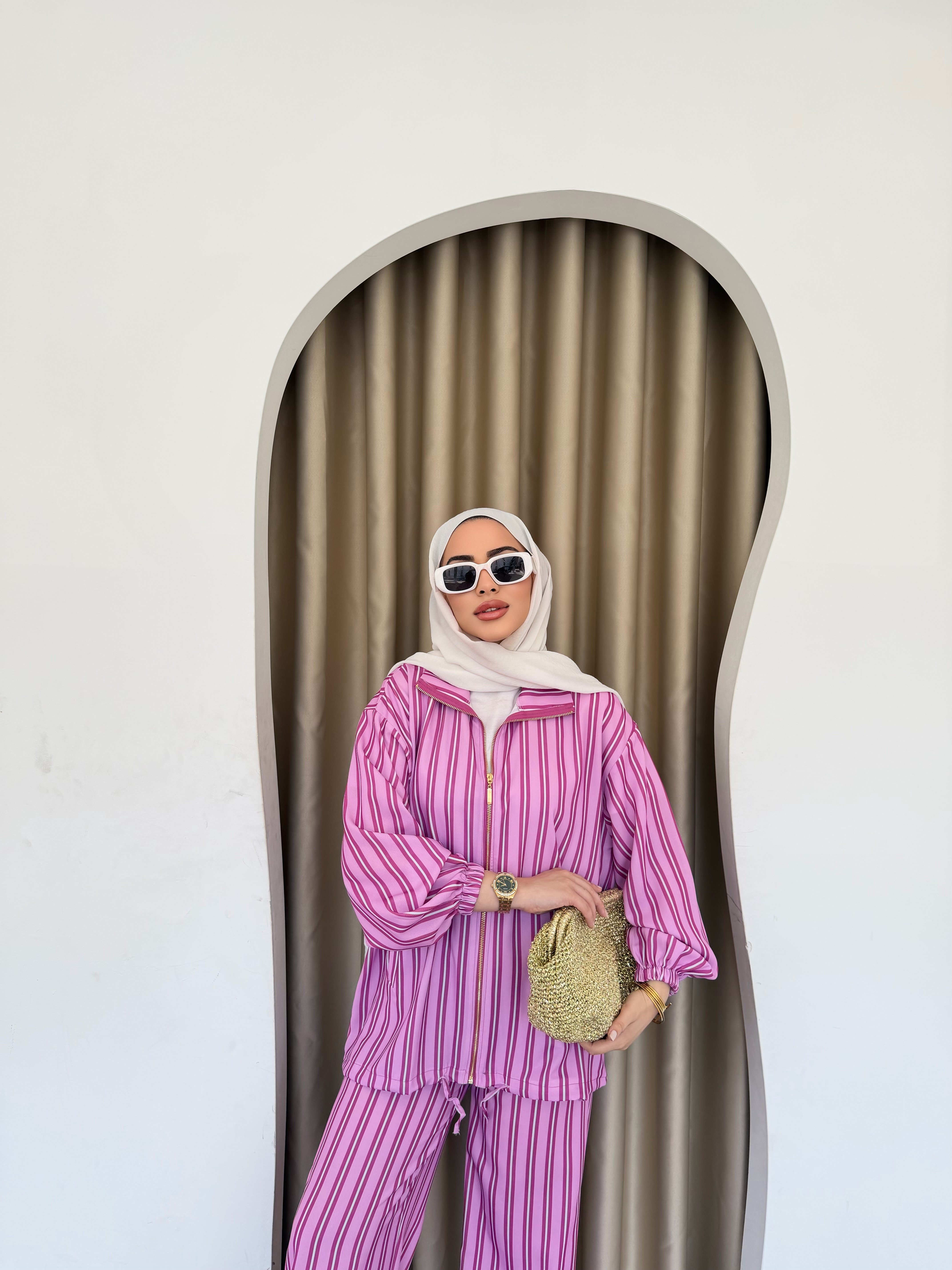 Çizgili Fermuarlı Takım - Pembe