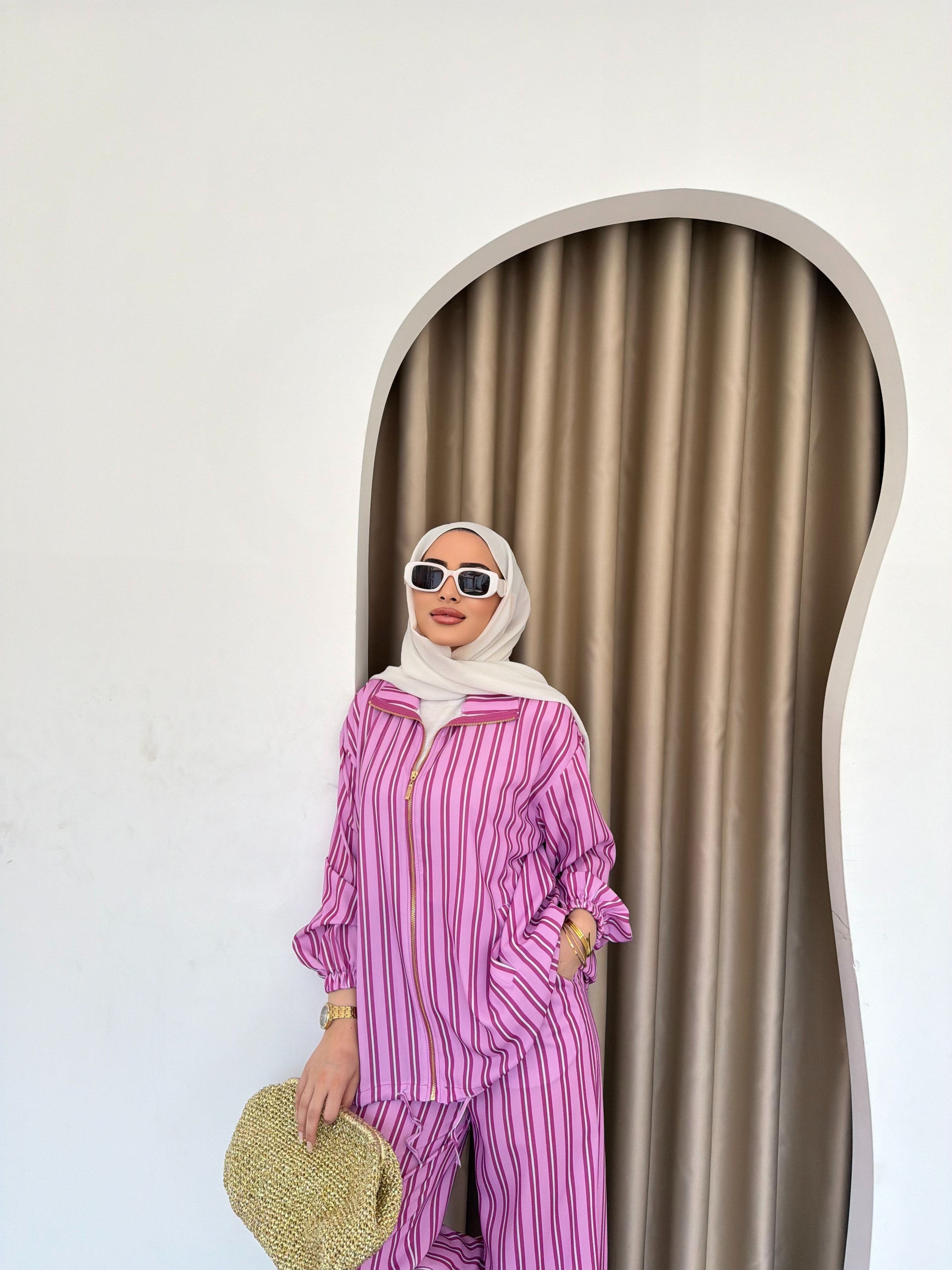 Çizgili Fermuarlı Takım - Pembe