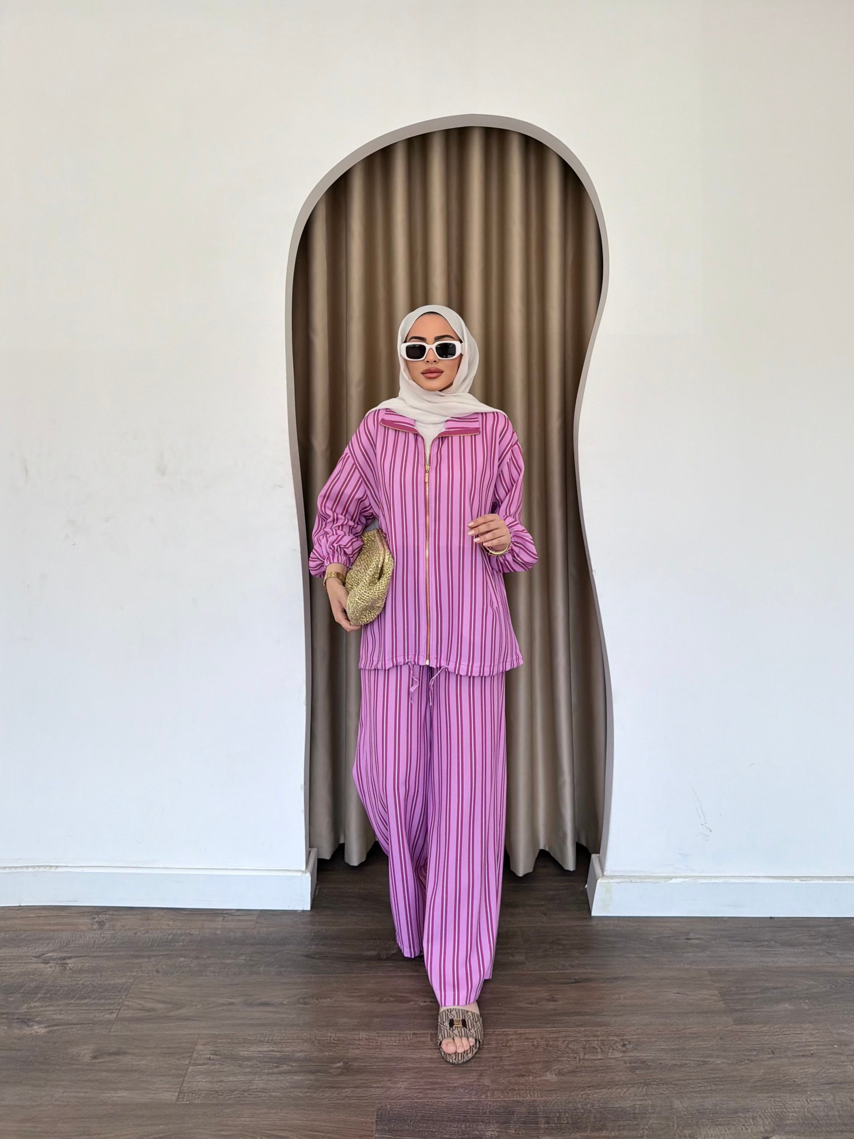 Çizgili Fermuarlı Takım - Pembe