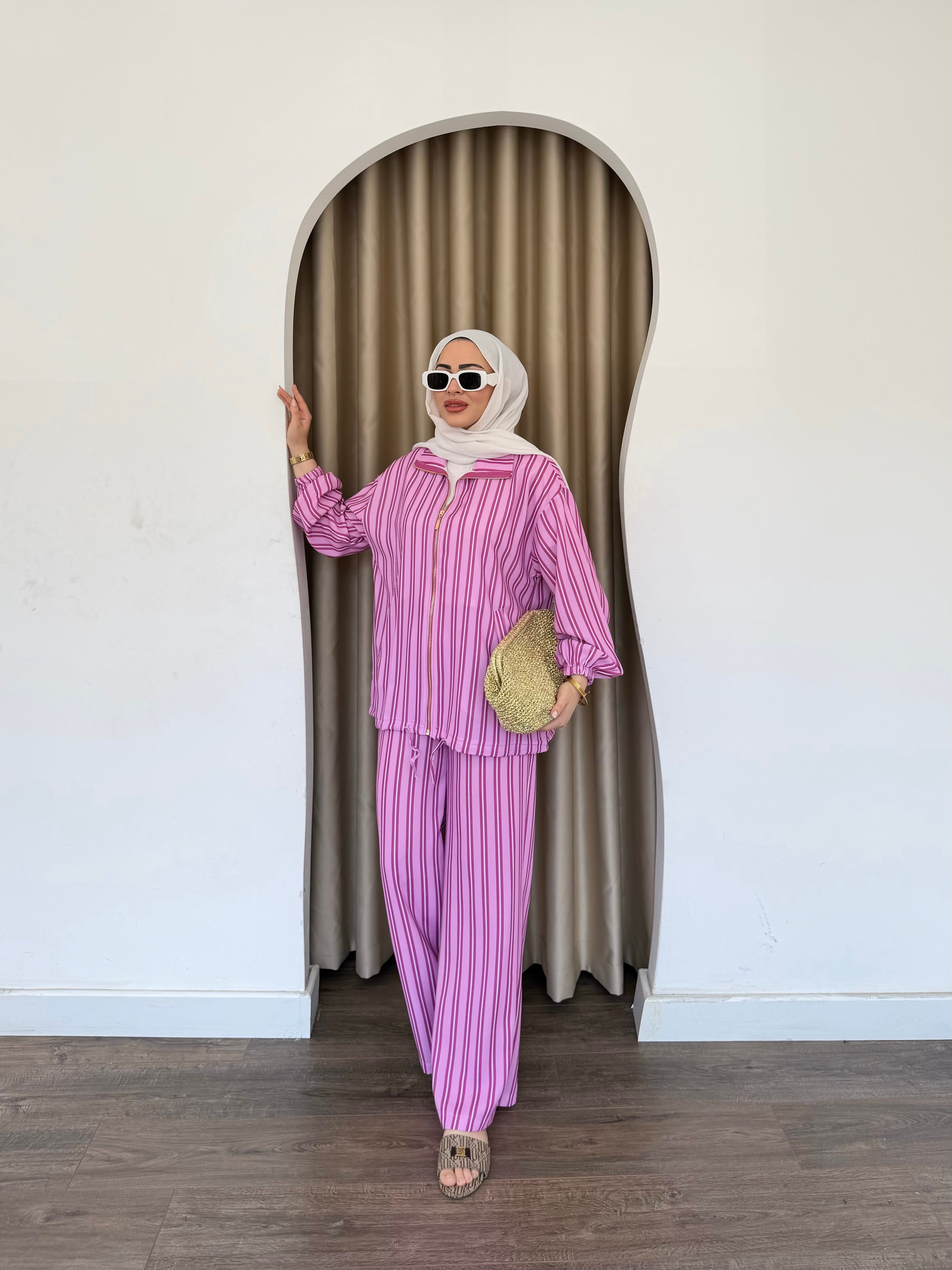 Çizgili Fermuarlı Takım - Pembe
