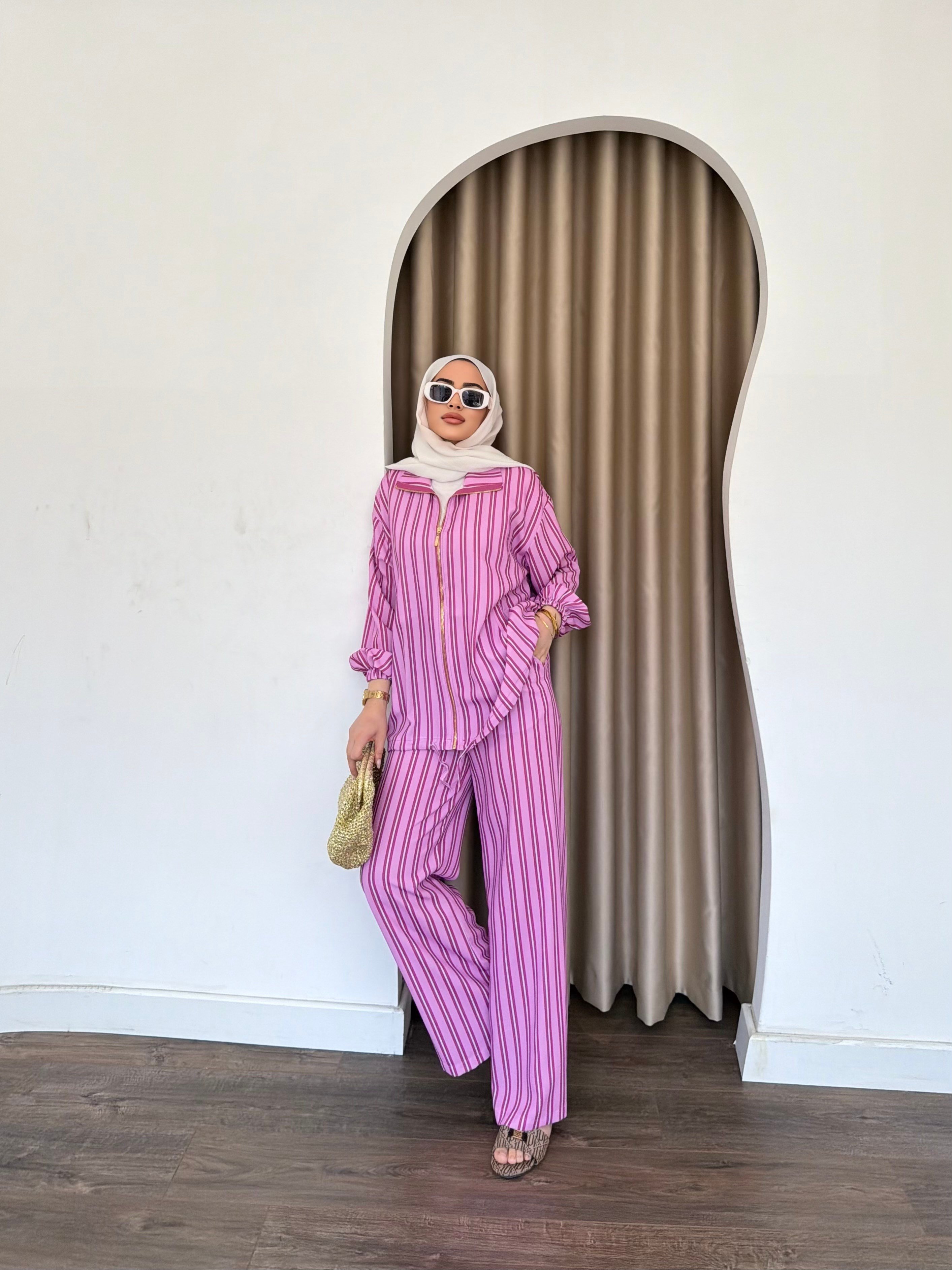Çizgili Fermuarlı Takım - Pembe