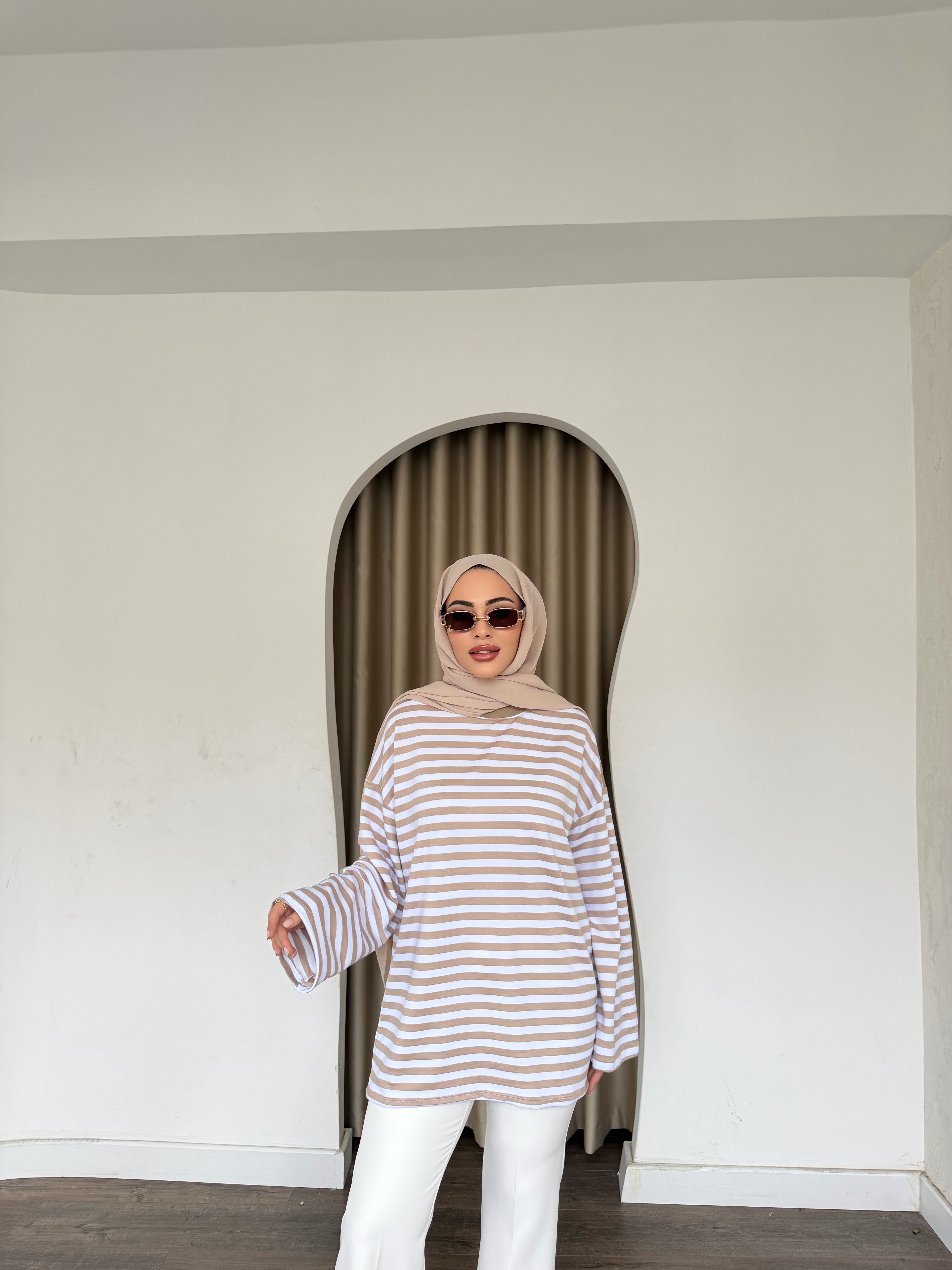 Çizgili Sweat - Vizon