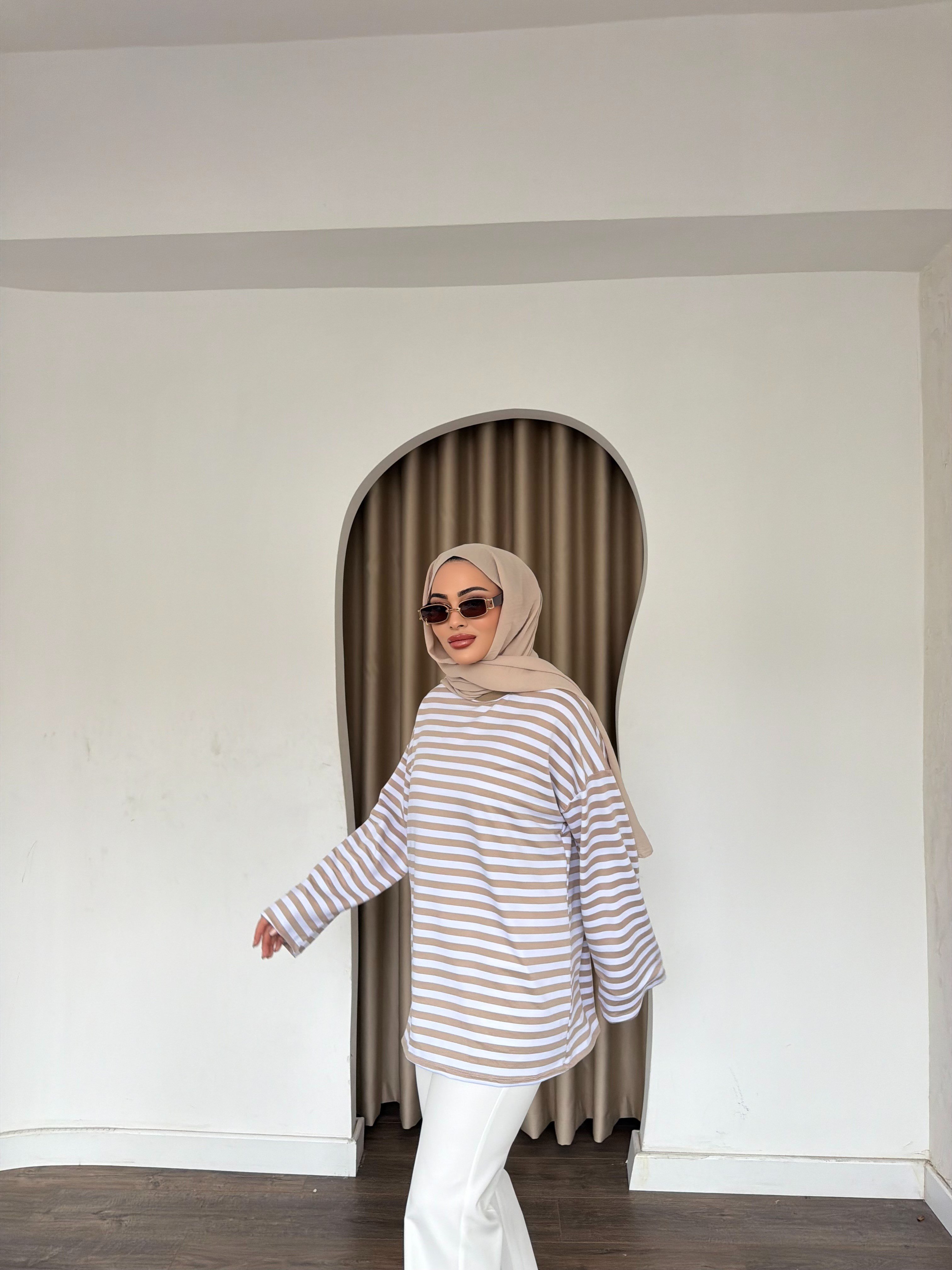 Çizgili Sweat - Vizon