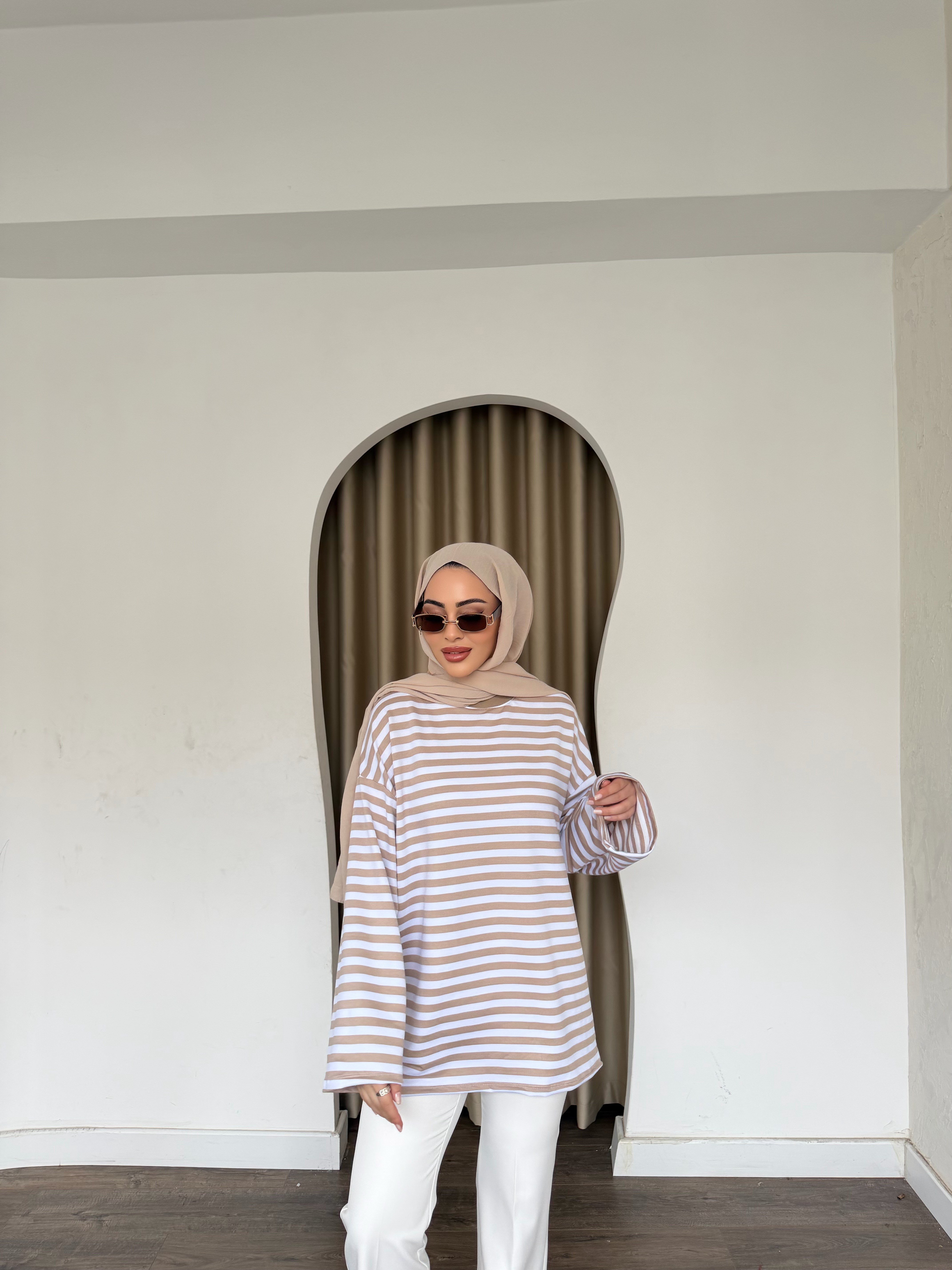 Çizgili Sweat - Vizon
