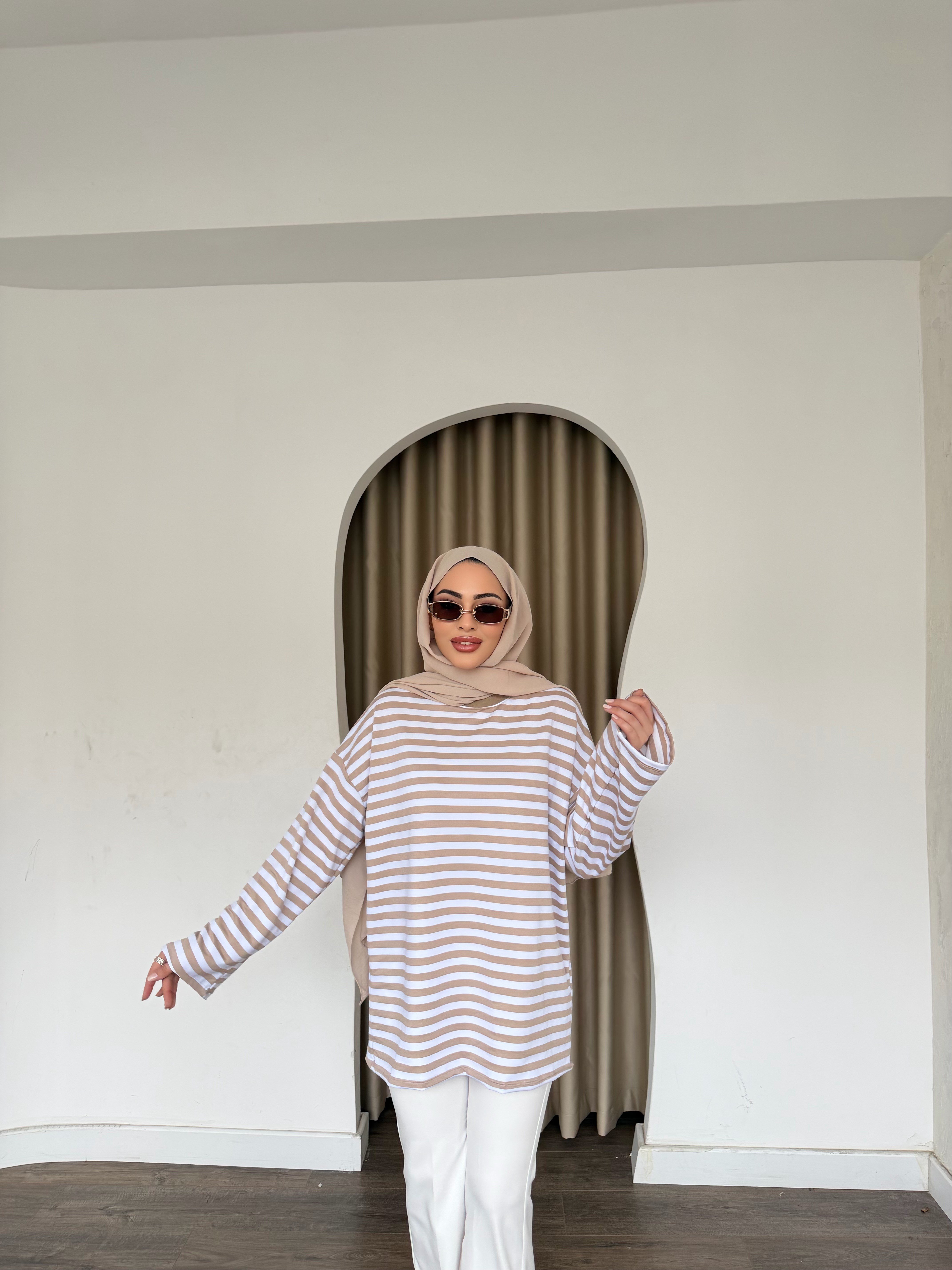 Çizgili Sweat - Vizon