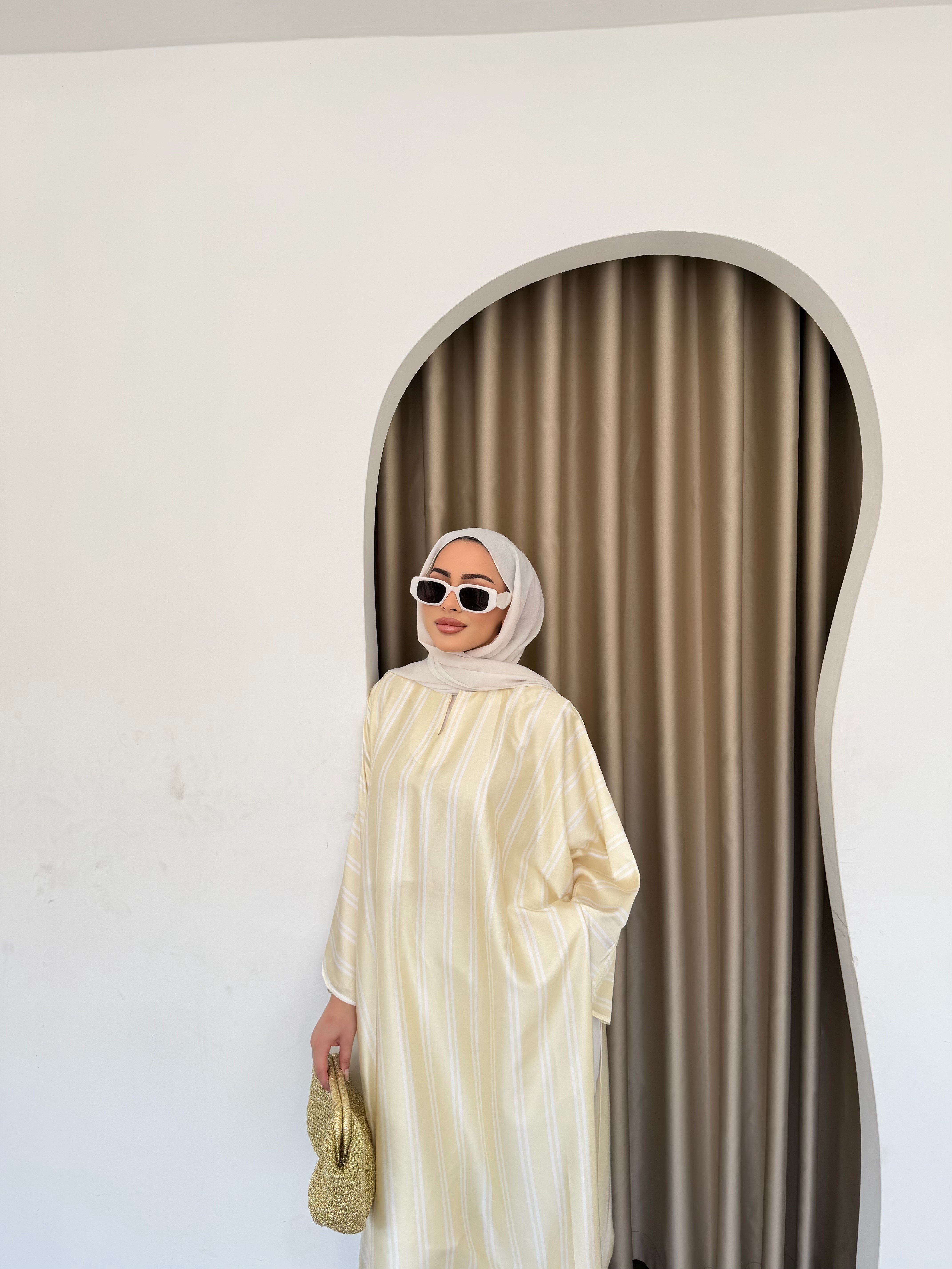 Çizgili Yırtmaçlı Tunik - Sarı