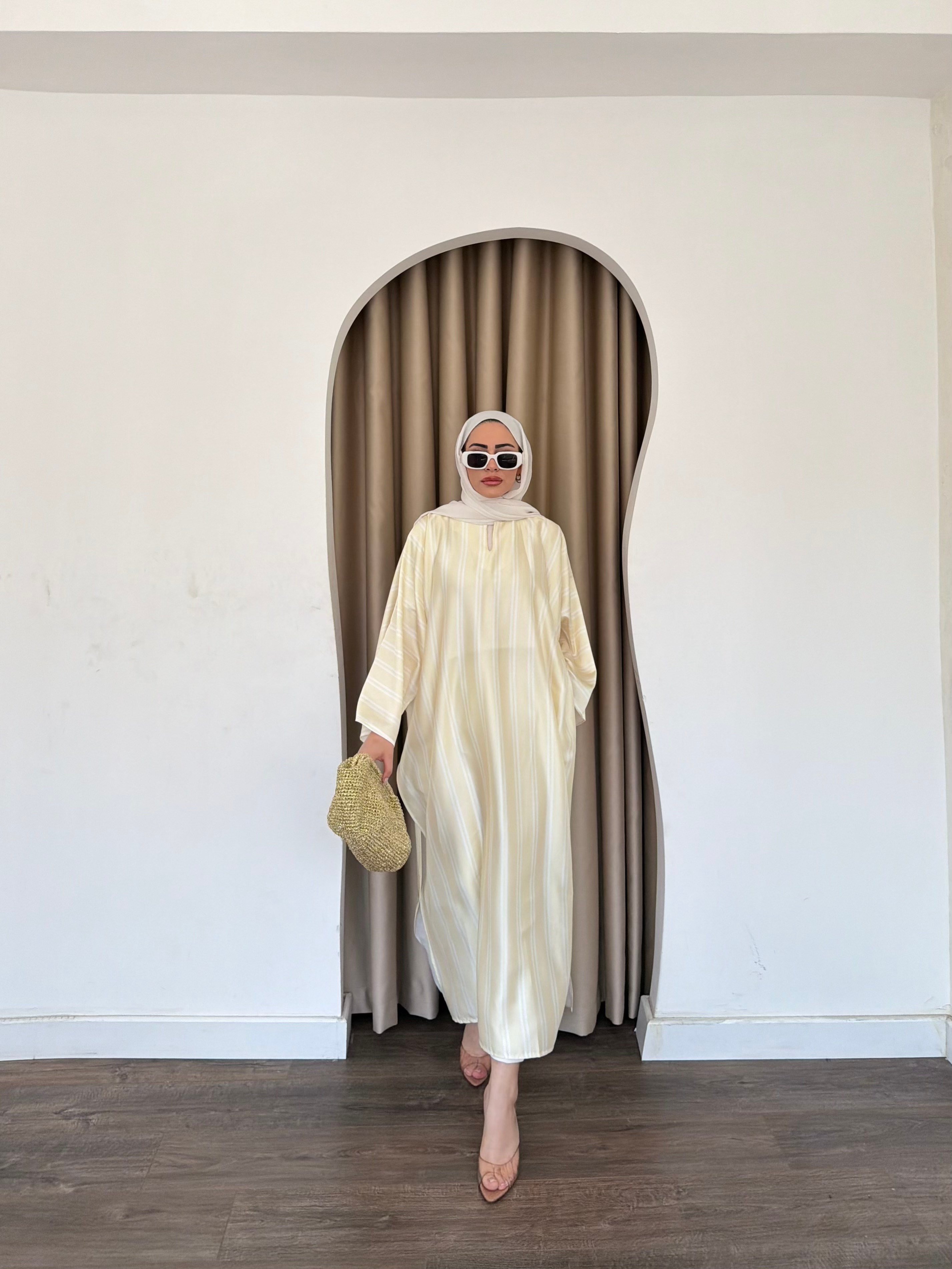 Çizgili Yırtmaçlı Tunik - Sarı