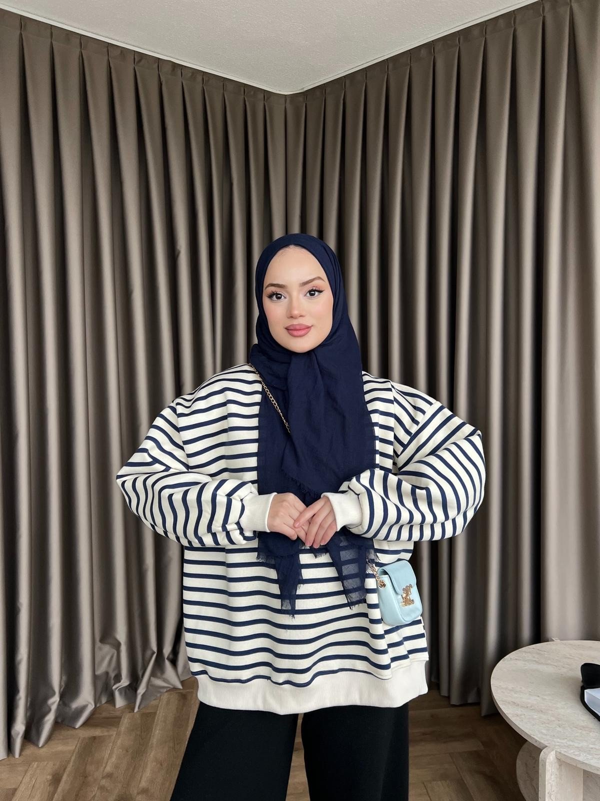 Çizgili Zey Sweat - Lacivert