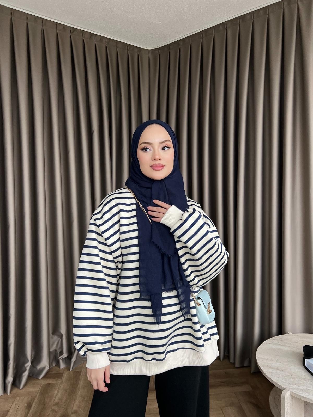 Çizgili Zey Sweat - Lacivert