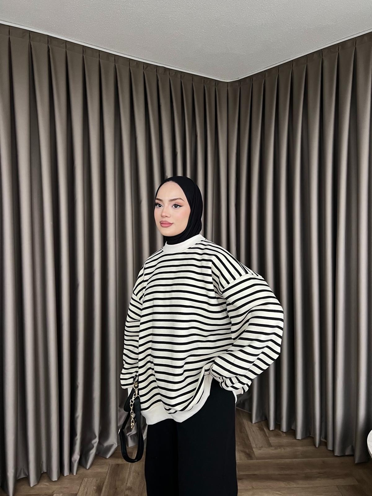 Çizgili Zey Sweat - Siyah