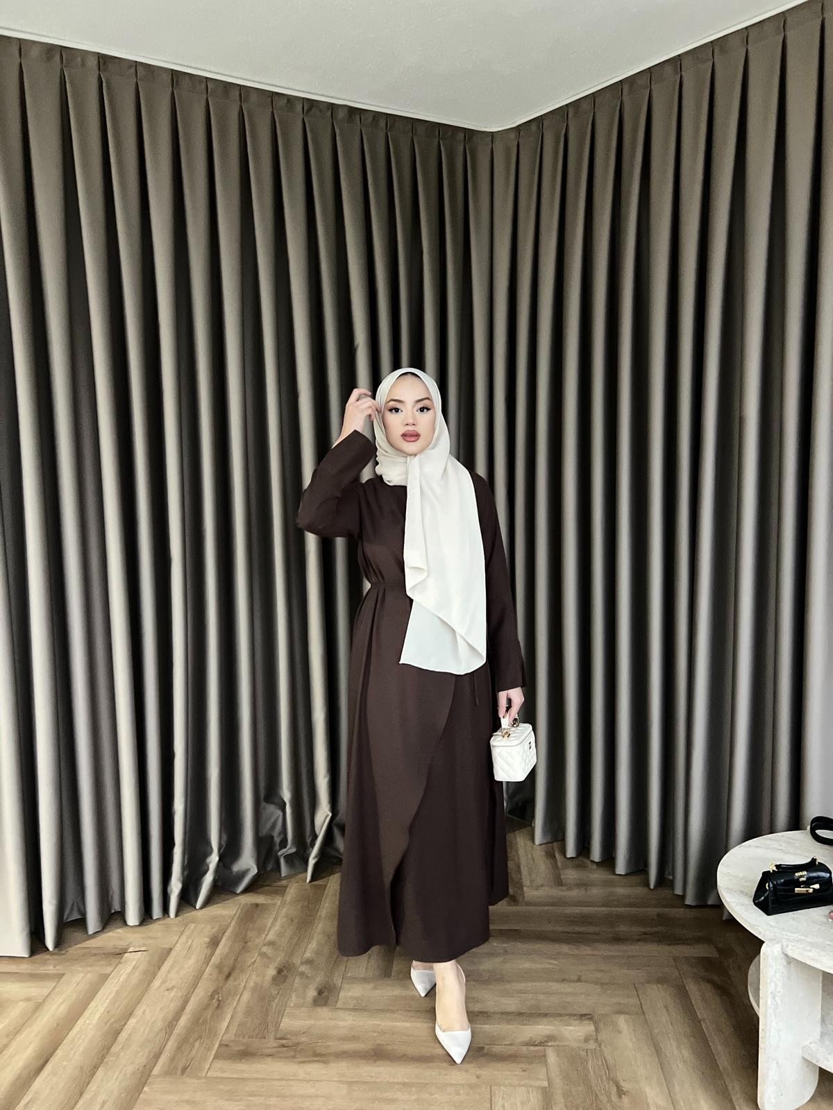 Desli Broşlu Elbise - Acı Kahve